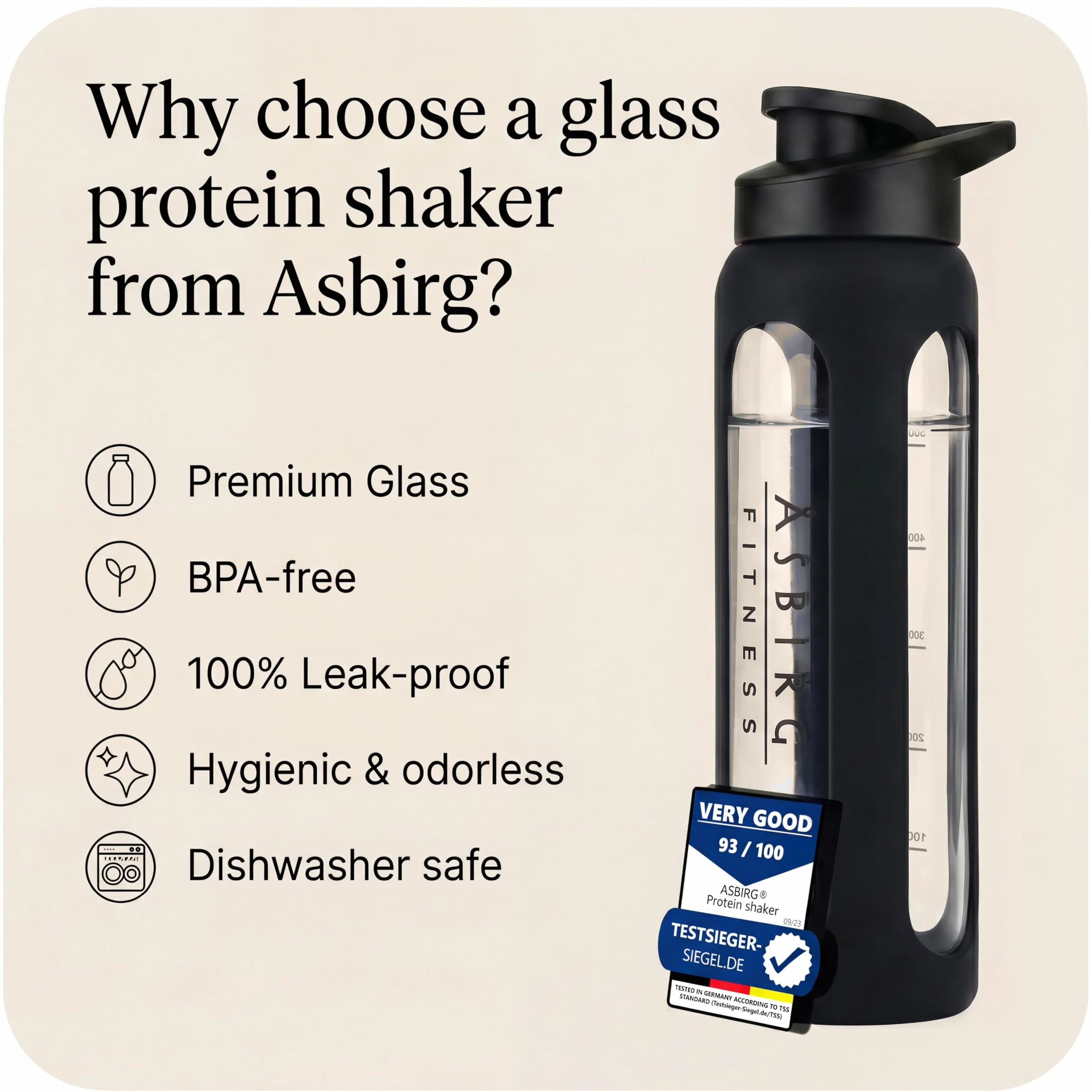 Szklana butelka proteinowa, 1000 ml, szczelna i wolna od BPA, ze szkła borokrzemowego, z kulką mieszającą, do gładkich koktajli proteinowych, smoothie, zamienników posiłków i fitnessu, czarna