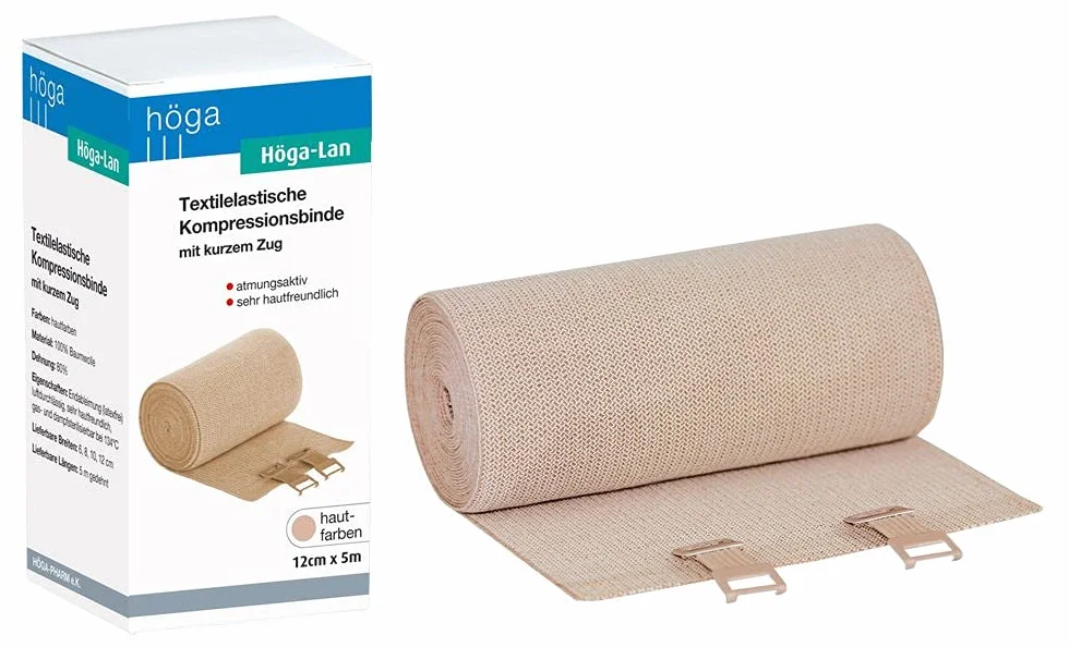 Höga Lan, tekstylna elastyczna opaska kompresyjna z krótkim pociągnięciem – 12 cm x 5 m rozciągnięta – bardzo przyjazna dla skóry, oddychająca, elastyczna, nadaje się do prania
