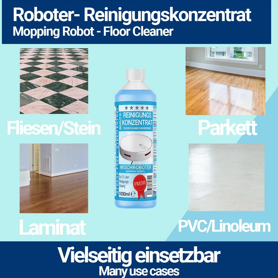 12x 1000 ml koncentratu do czyszczenia robota sprzątającego z świeżym zapachem i miernikiem | Bez pasków i mało piany | Odkurzacz do szorowania | Środek czyszczący do podłóg