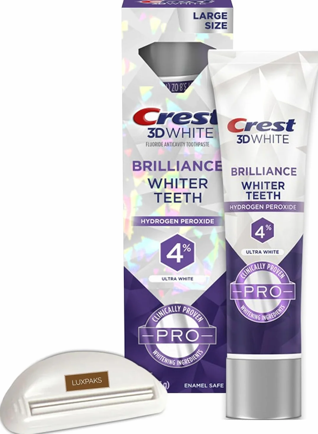 CRST 3D White Brilliance Pro Ultra White Teeth Whitening Toothpaste, 3.8 oz Bundled with LUXPAKS Toothpaste Squeezer – Active Whitening Protection, Deep Clean System