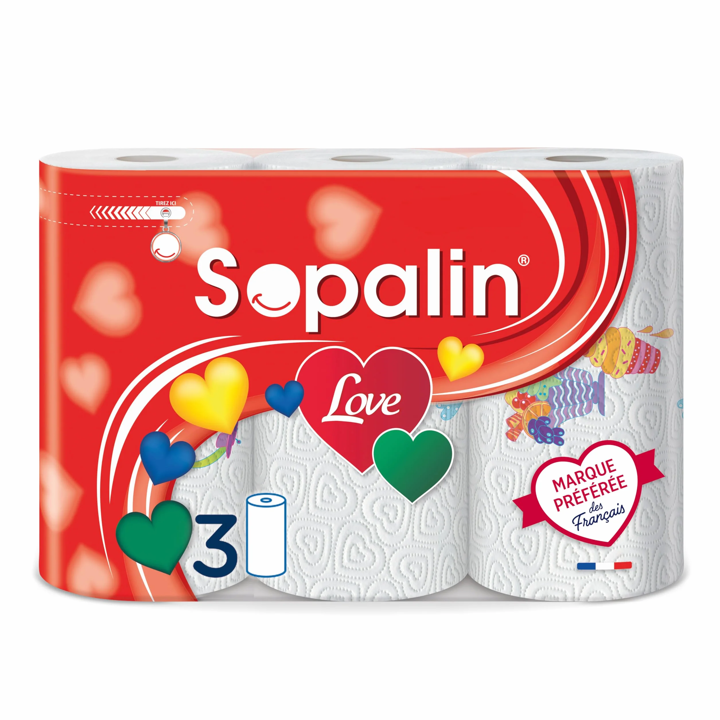 Sopalin Love - 3 rolki – potrójna grubość – oryginalne dekoracje – opakowanie 80% plastiku pochodzącego z recyklingu – papier z certyfikatem FSC® Mixed (C017535)