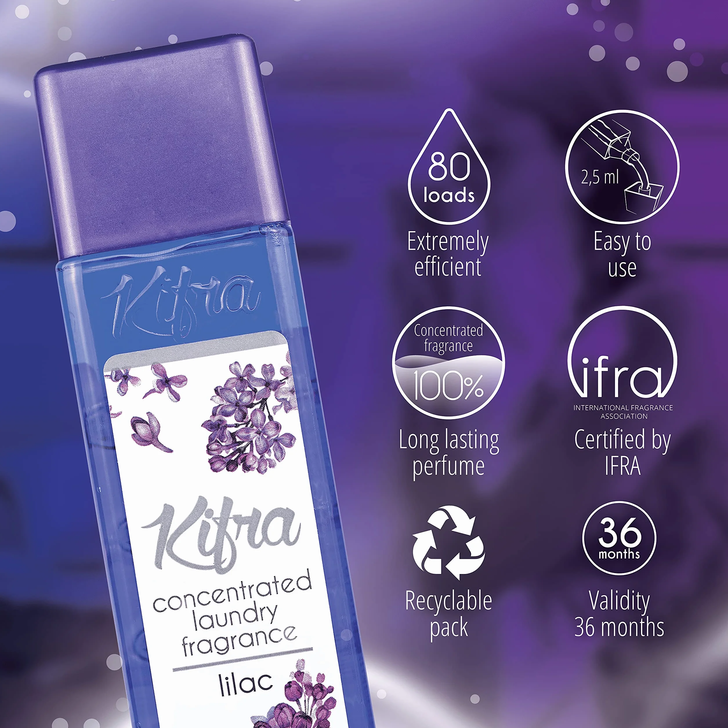 Kifra Lilac skoncentrowane perfumy do prania, 200 ml, 80 cykli prania, długotrwały zapach prania