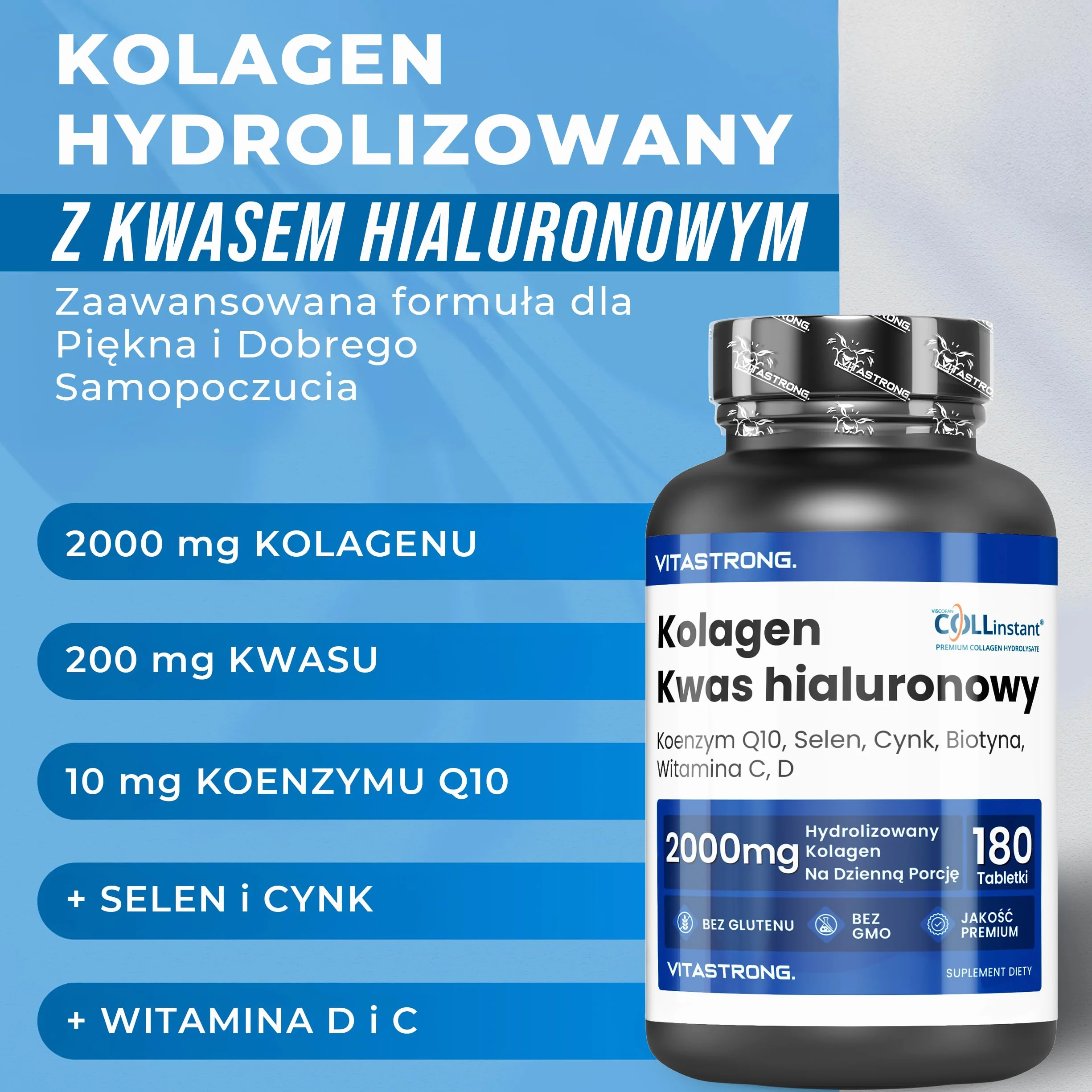 Vitastrong Hydrolizowany Kolagen 2000MG COLLinstant® Kwas Hialuronowy Biotyna Koenzym Q10 Cynk Selen Witamina C Witamina D