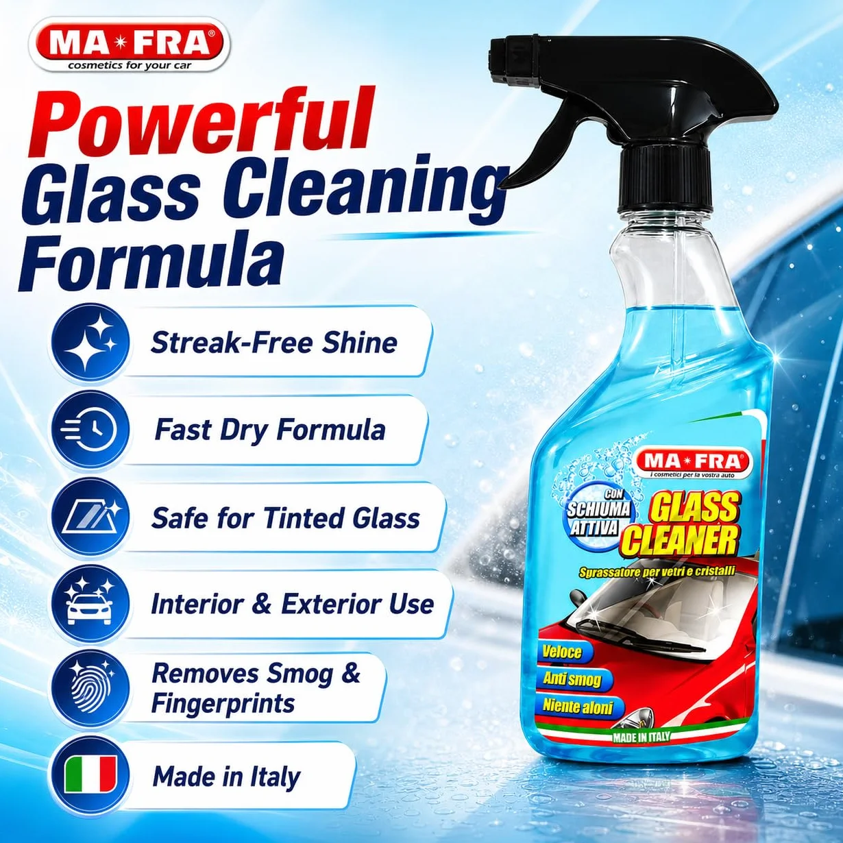 MA-FRA Glass Cleaner Trigger 500 ml — Profesjonalny środek do czyszczenia szyb samochodowych, szybkie czyszczenie bez aureoli, maksymalna przezroczystość kryształów, szyb przednich i lusterek