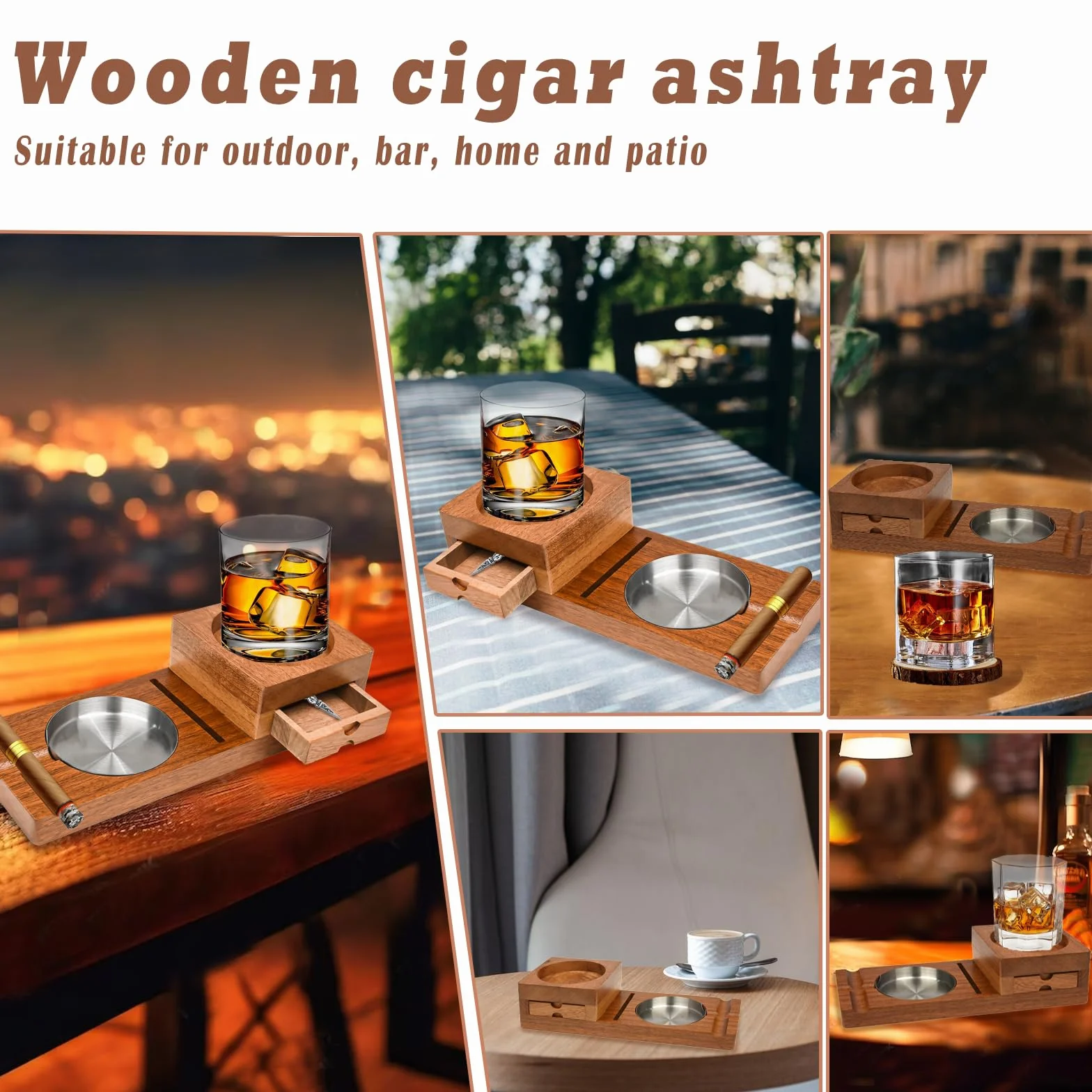 Drewniana Taca z Podstawką do Whisky i Uchwytem na Cygara, Szuflada z Otworem, Zestaw Upominkowy Akcesoriów do Domu i Biura