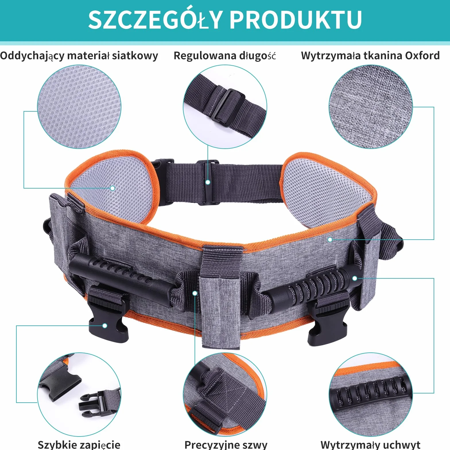 ENLUNTRA Pas transferowy z 7 uchwytami, pomoc do przenoszenia łóżka, wózka inwalidzkiego, pomoc przy podnoszeniu ograniczonej mobilności (1 sztuka,Szary mandarynkowy)