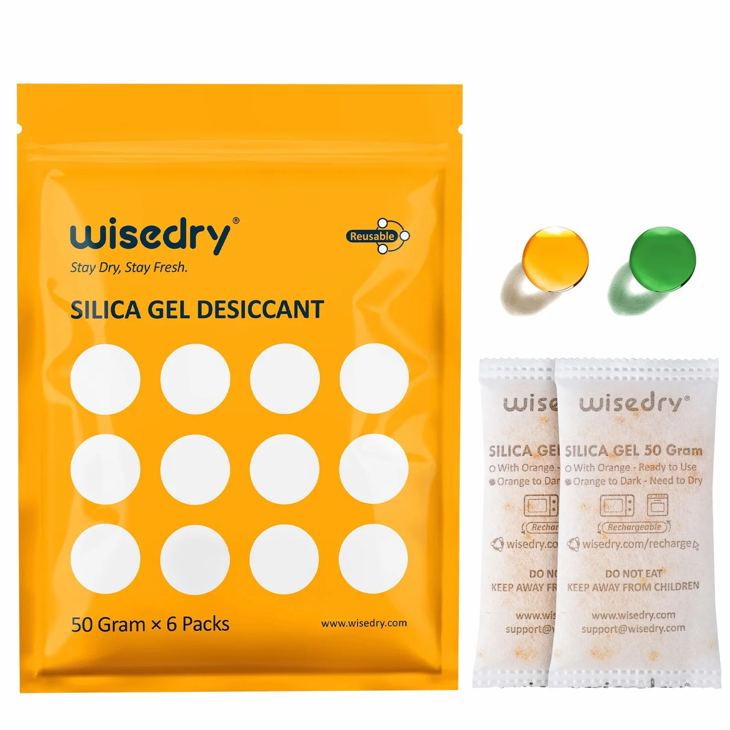 wisedry Saszetki z żelem krzemionkowym 50 g (6 opakowań) pomarańczowe koraliki klasy spożywczej zmieniające kolor pochłaniacz wilgoci