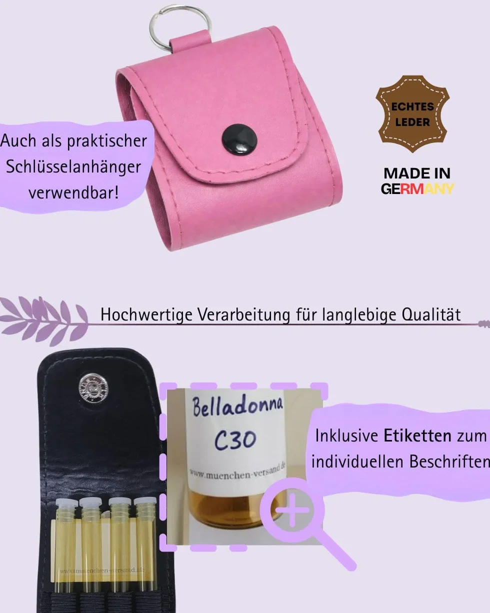Homeopatyczna apteczka awaryjna z 4 butelkami z brązowego szkła UV i etykietami, skóra malinowa