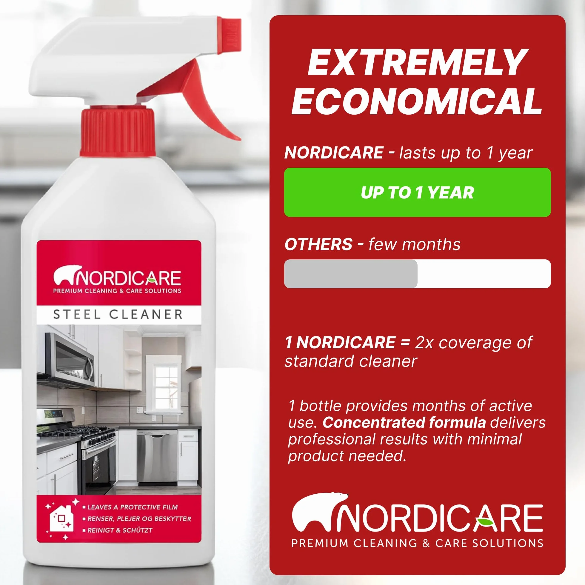 Nordicare środek do czyszczenia stali nierdzewnej [500 ml] Spray do pielęgnacji stali nierdzewnej do skutecznego czyszczenia I Usuwa tłuszcz i zanieczyszczenia