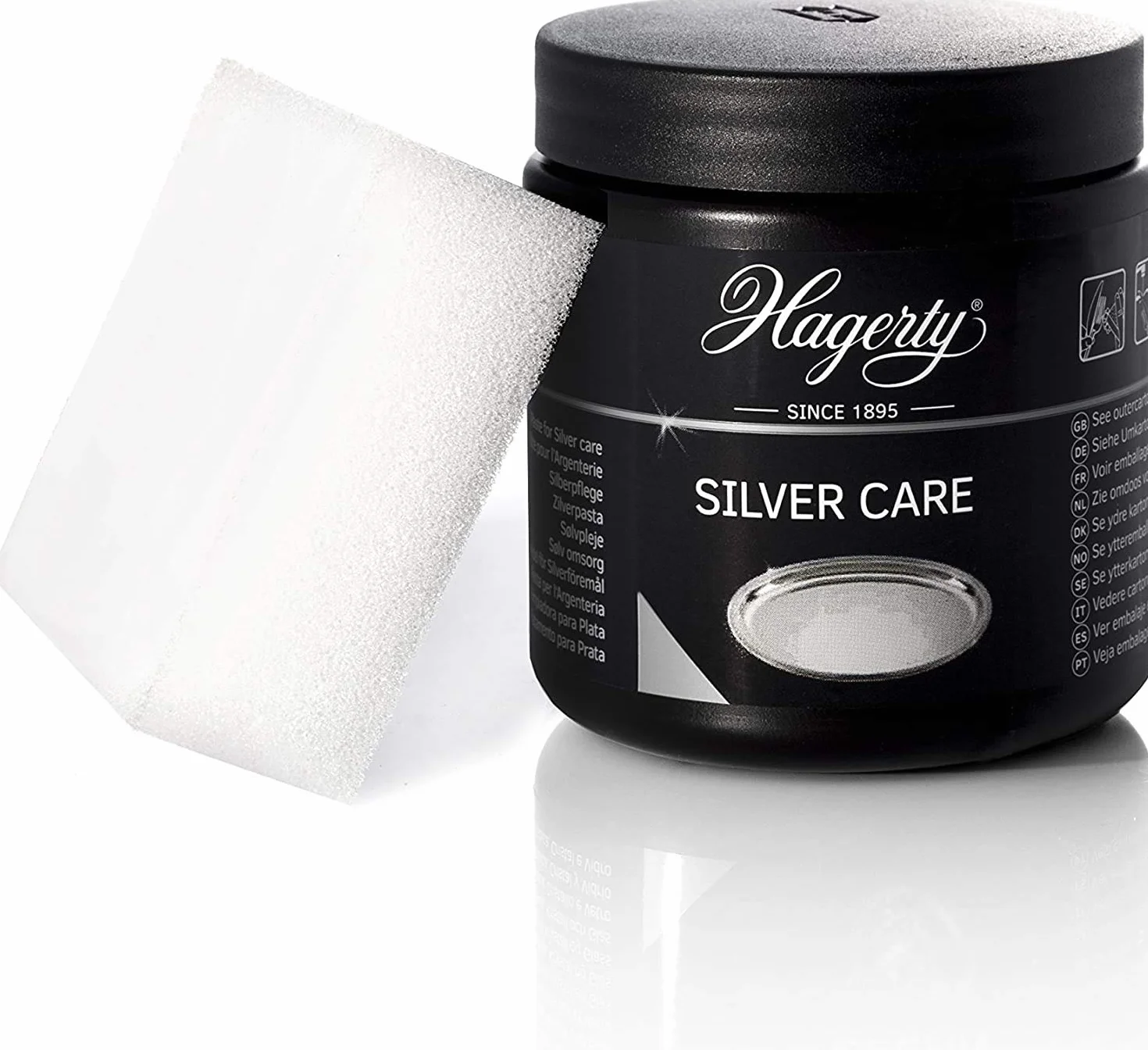 Hagerty Silver Care pasta do polerowania srebra, 185 g, wydajna pasta polerska do czyszczenia i pielęgnacji srebra i posrebrzanego metalu, środek czyszczący do srebrnych wyrobów z srebra, talerzy, tac, w zestawie gąbka
