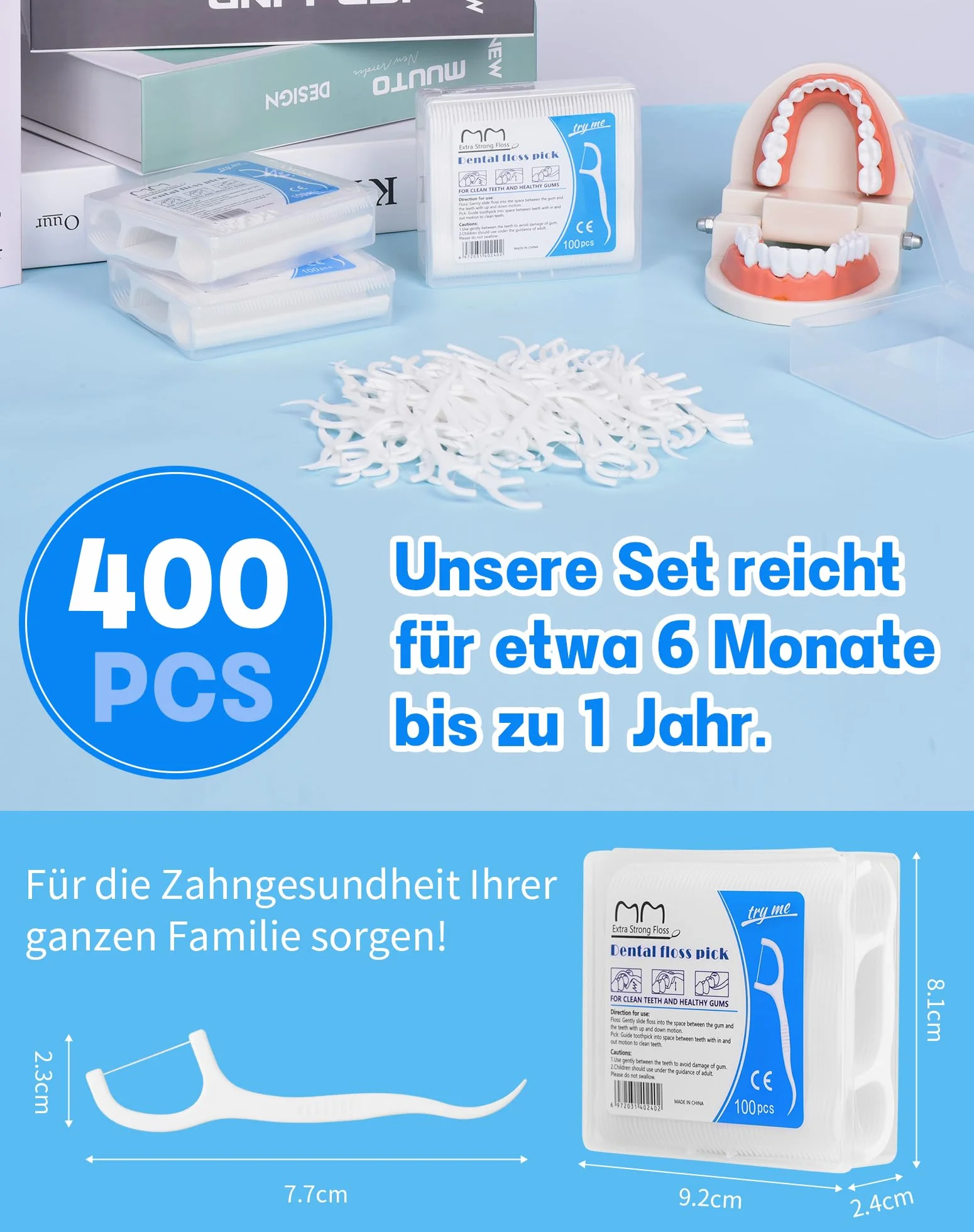 400 x patyczki z nić dentystyczną, do pielęgnacji zębów, 3 x flossery do czyszczenia zębów, z 4 przenośnymi etui