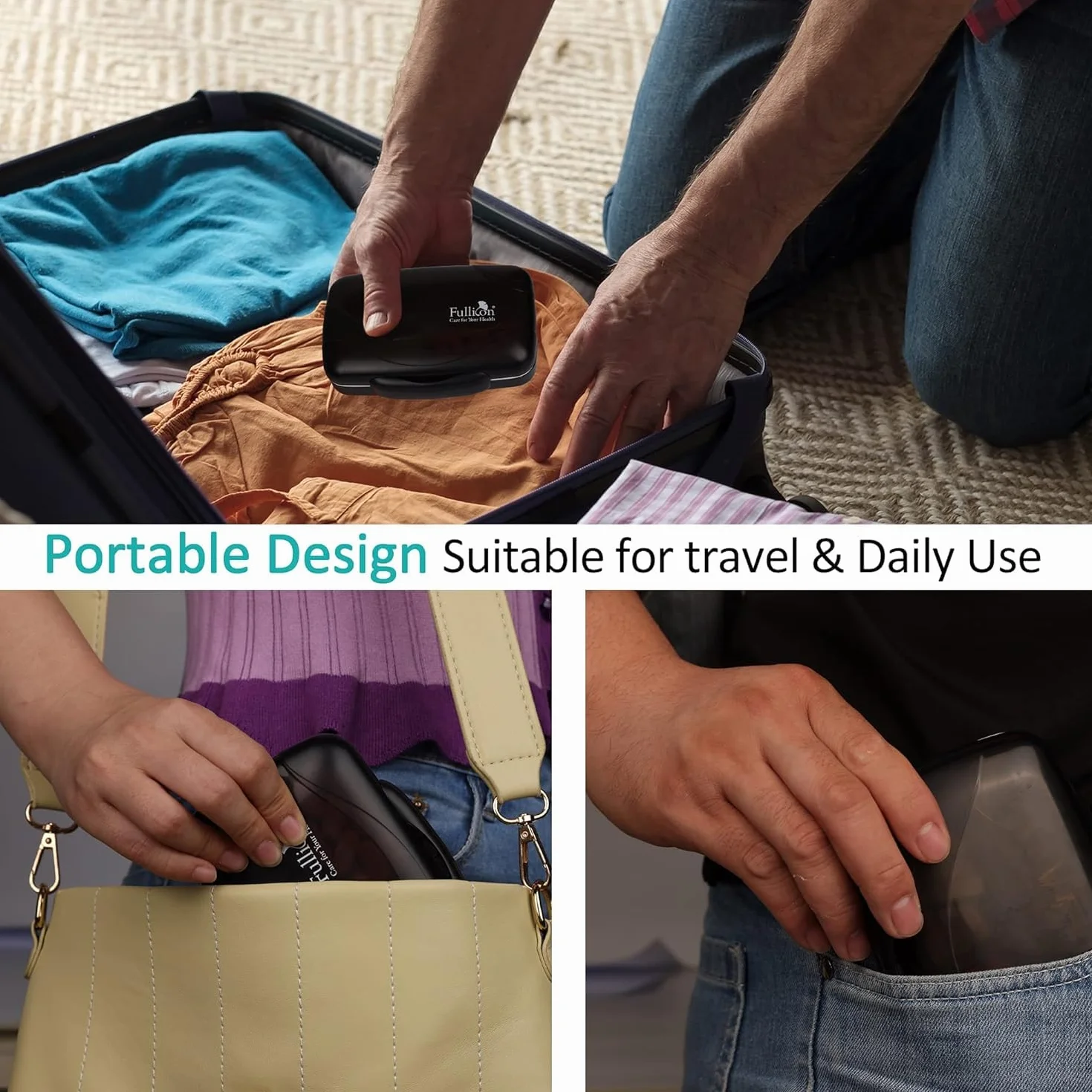 Fullicon Podróżny organizer na tabletki, duży, przenośny, wielki rozmiar, 8 przegródek, etui na tabletki/pojemniki na tabletki, etui na witaminy/leki - hermetyczne i odporne na wilgoć (czarny)
