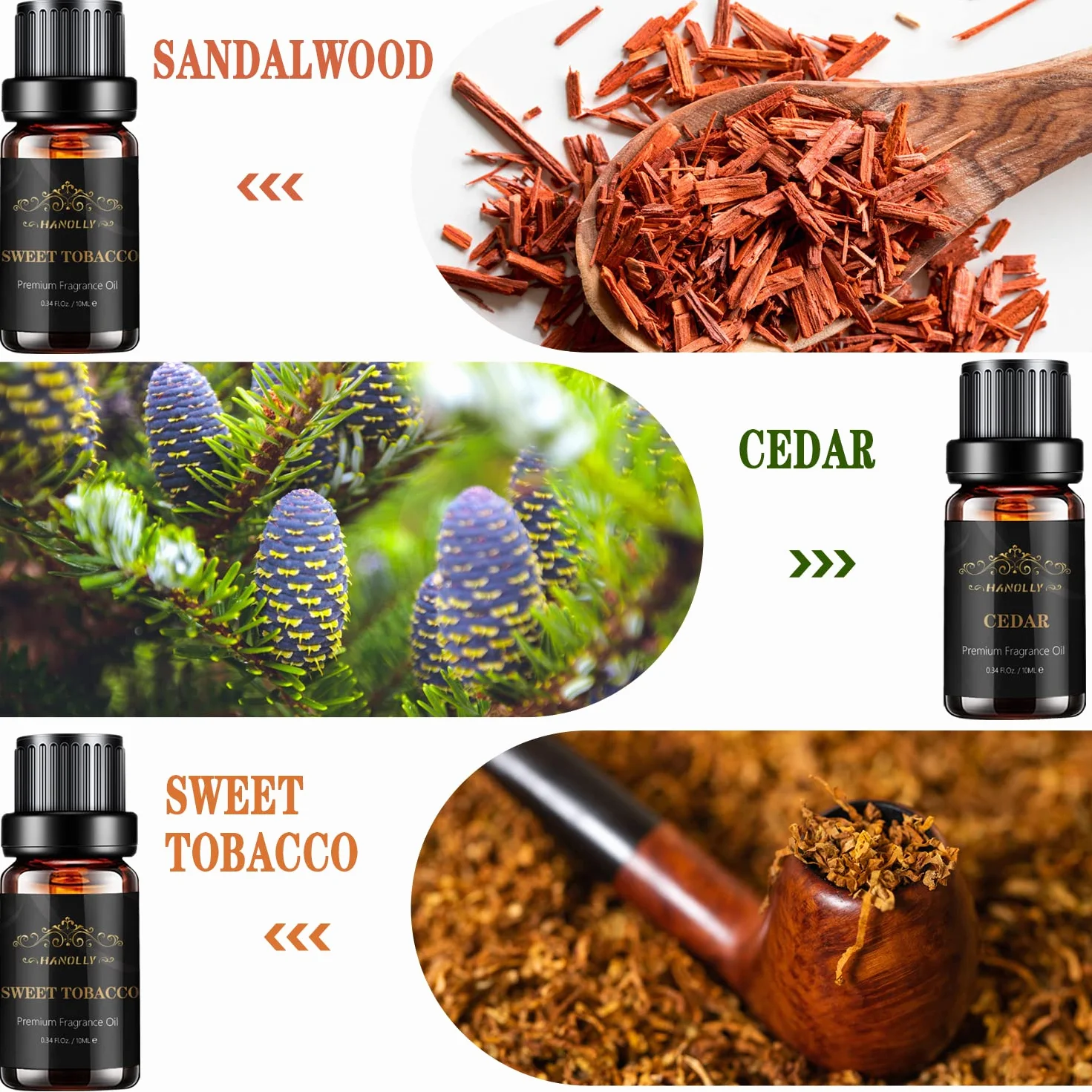 Hanolly Zestaw Olejków Eterycznych Dla Mężczyzn 6 x 10ml, Olejki Do Dyfuzorów Zapachowych Do Aromaterapii, Perfum I Wyrobu Świec – Drzewo Sandałowe, Cedr, Skóra, Słodki Tytoń, Rum, Woda Kolońska