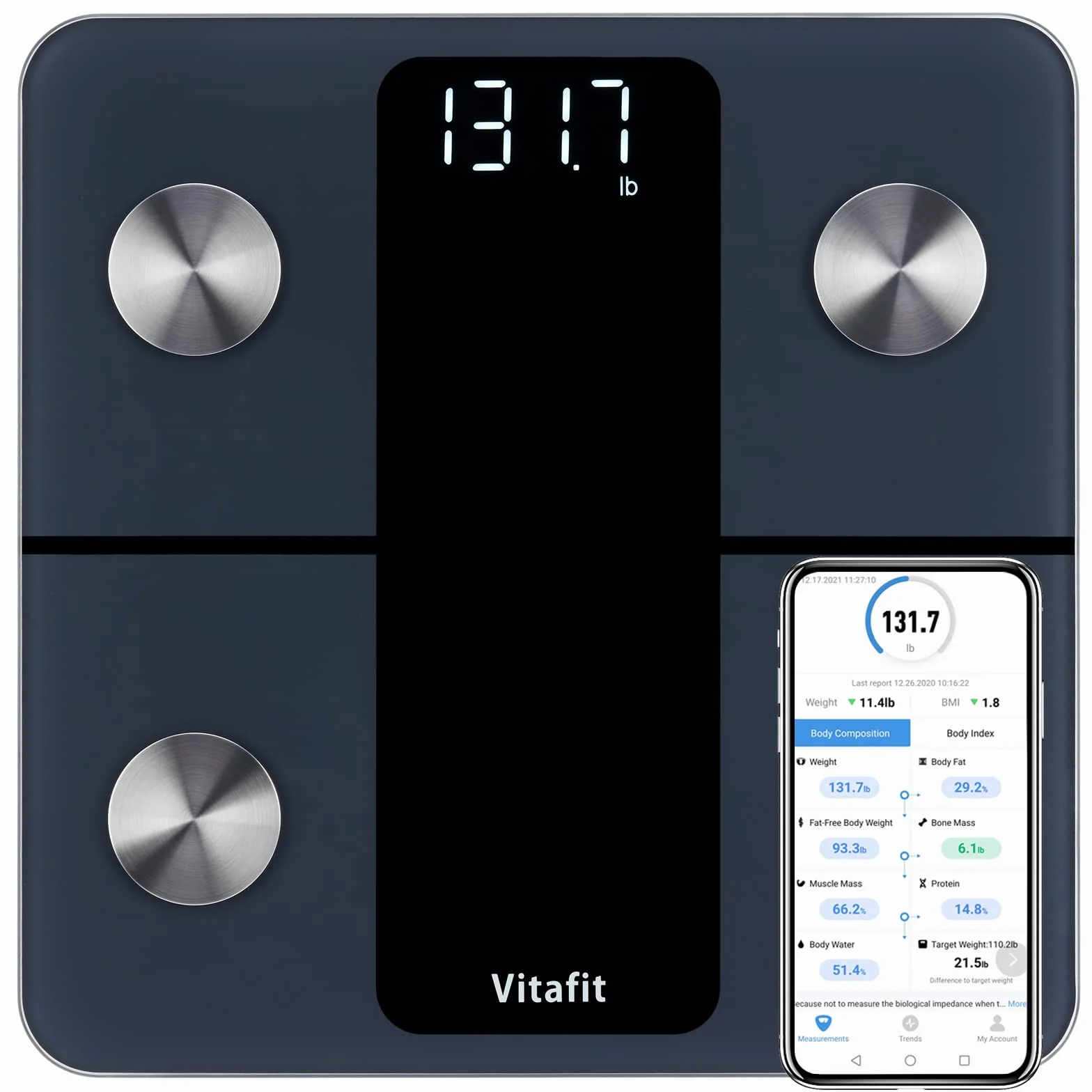 Vitafit Waga Cyfrowa, Wysoka Dokładność 0,05kg przez Nasze Profesjonalna Fabryka Od 2001, Inteligentna Waga Łazienkowa Sync App z 13 Składu BMI,Tkanki Tłuszczowej i Mięśni, 182 kg, LED, Czarny