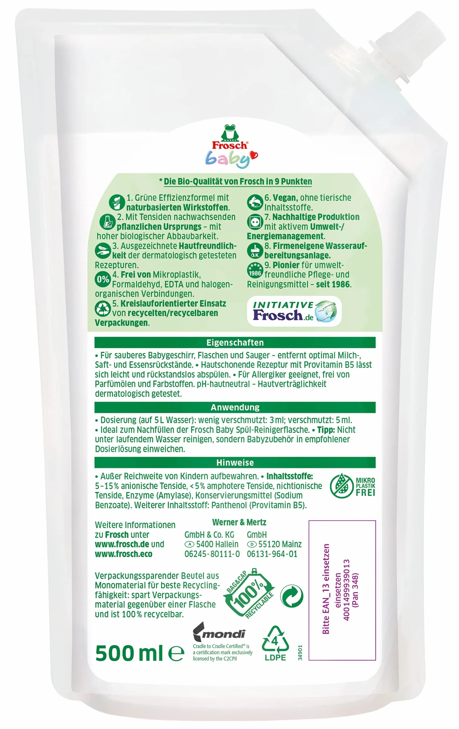 Frosch worek uzupełniający do czyszczenia naczyń dla niemowląt 500 ml