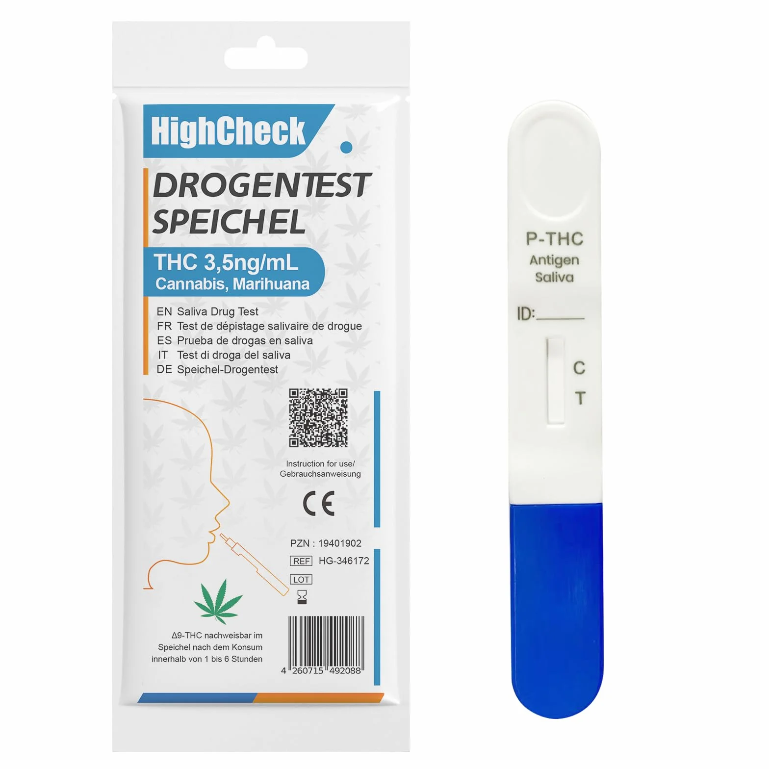 THC test na ślinę, szybki test na ślinę, test narkotykowy, szybki test na ślinę pod kątem wrażliwości konopi indyjskich, 3,5 ng/ml (2 sztuki)