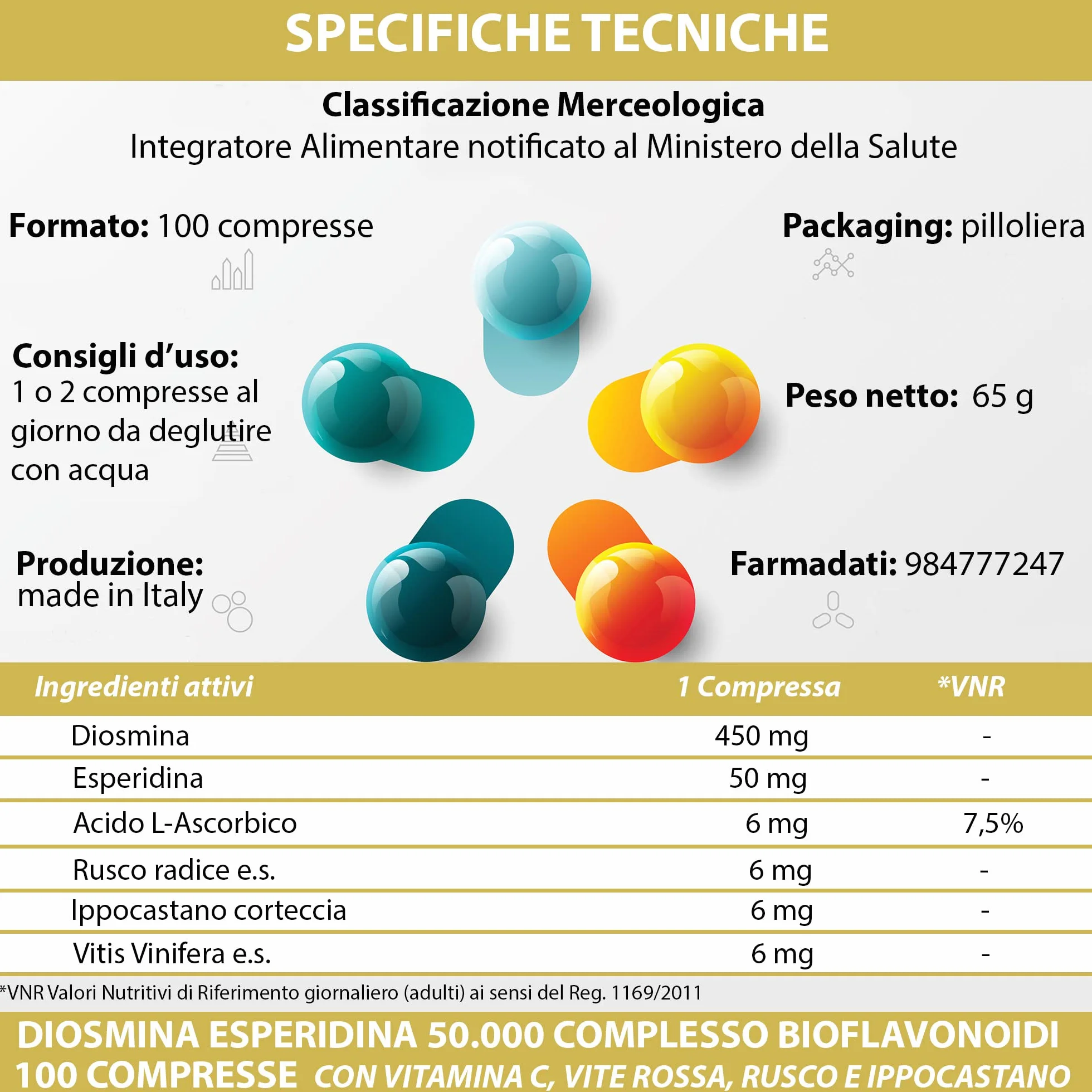 DIOSMINA HESPERYDYNA KOMPLEKS BIOFLAWONOIDÓW 100 tabletek z OPC z winorośli czerwonej, ruszczyka kolczastego i kasztanowca | Suplement wspomagający krążenie i mikrokrążenie w nogach