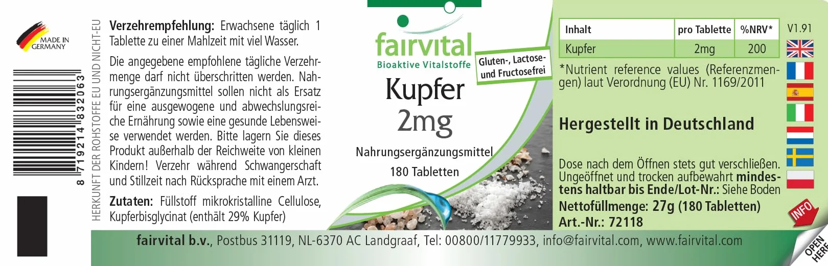 Fairvital | Miedź 2mg – 180 tabletek – bisglicynian miedzi – sprawdzona jakość i wysoka dawka – 100% wegański – wyprodukowany w Niemczech