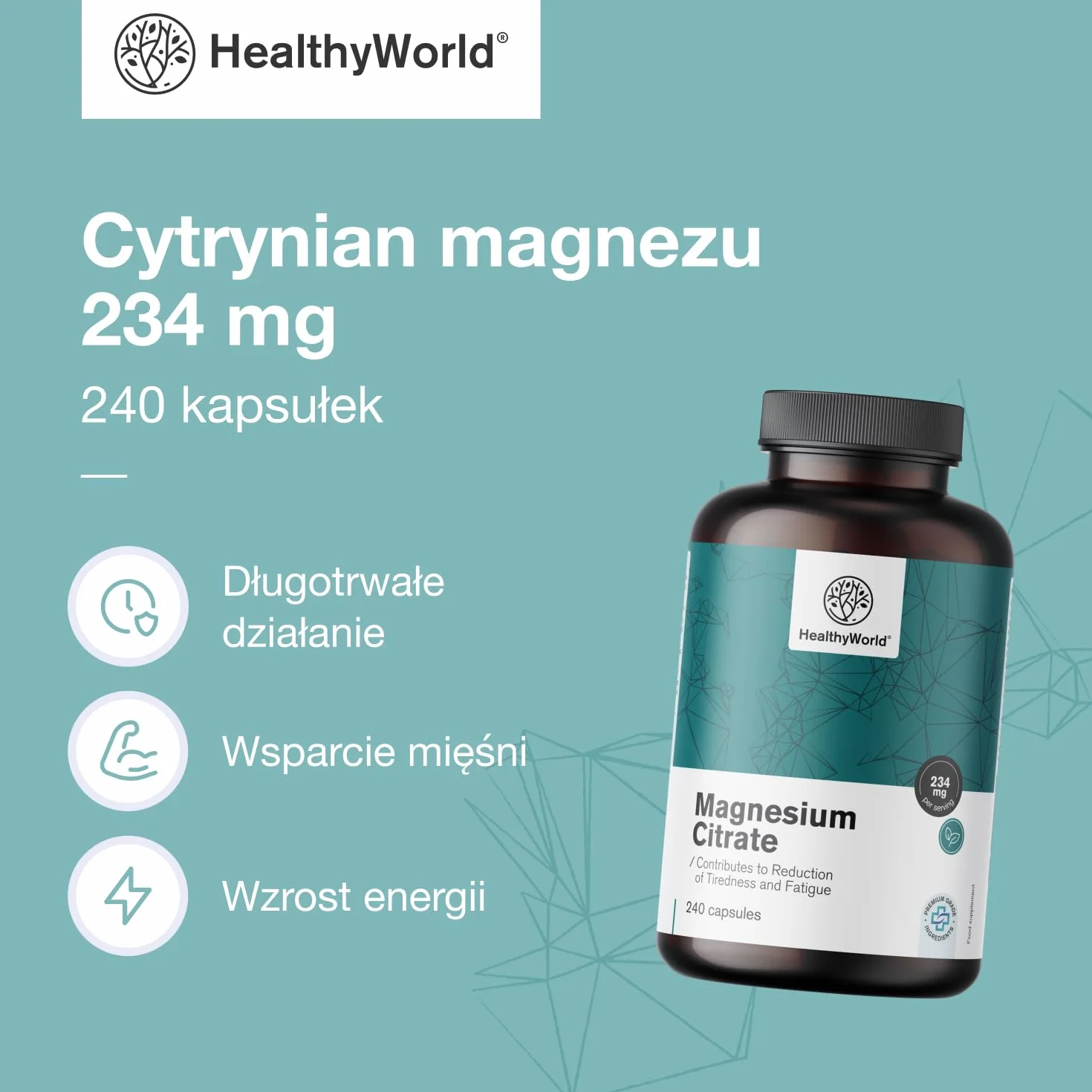 HealthyWorld Cytrynian magnezu 234 mg - 240 Kapsułek Roślinnych - Na ponad 7 Miesięcy - 480 mg Cytrynianu Magnezu i 270 mg Tlenku Magnezu - Na Wsparcie Mięśni i Wzrost Energii
