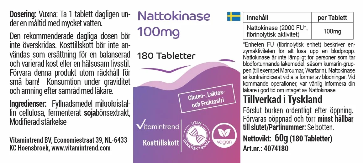 Vitamintrend Nattokinase 100mg, 180 tabletek po 100mg (21.800 FU/g), wysoka dawka, wegański, bez stearynianu magnezu, wyprodukowany w Niemczech