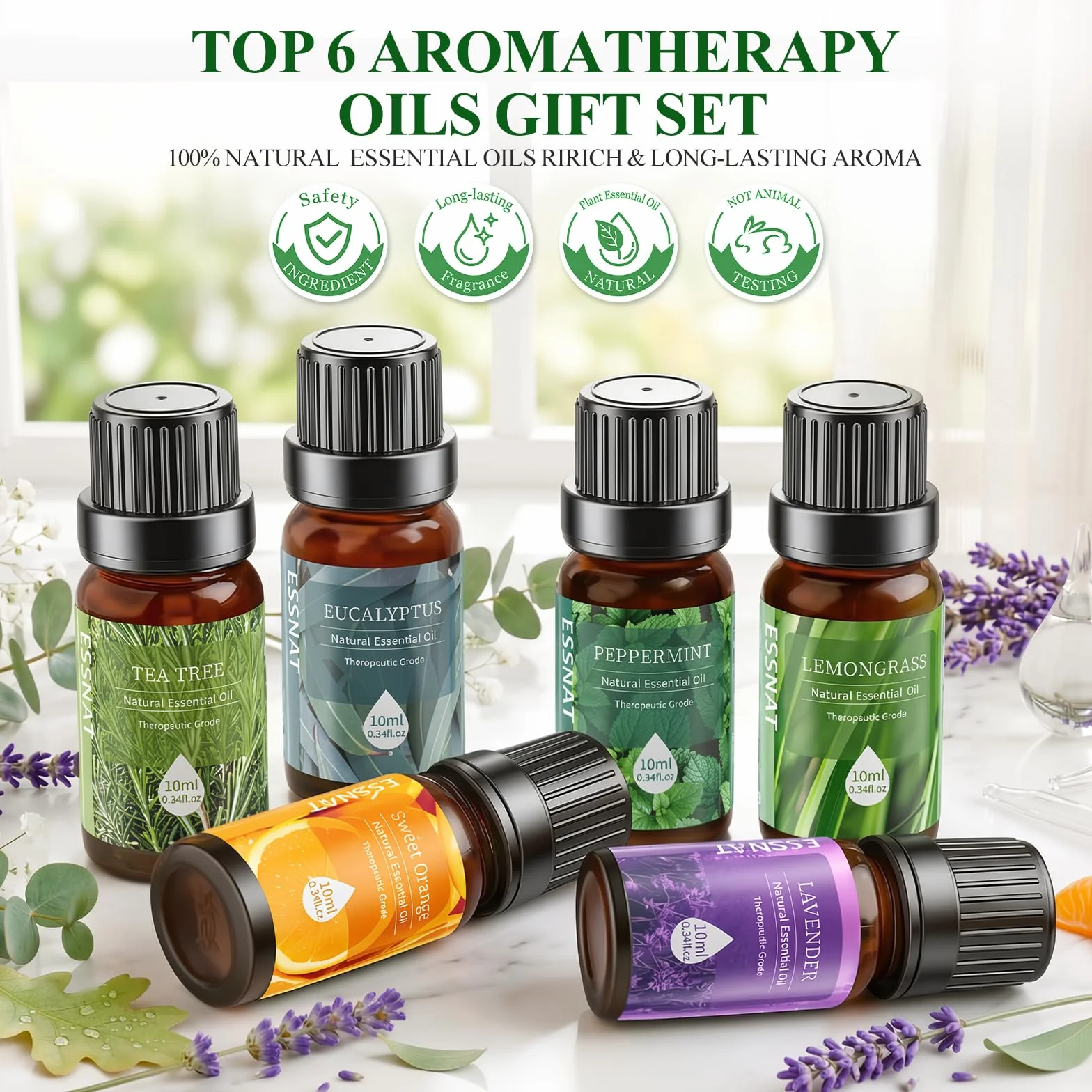 Olejki Eteryczne 6x10ml Zestaw do Dyfuzora, Naturalne Aromaterapia, Lawenda Eukaliptus Drzewo Herbaciane Mięta Pomarańcza Trawa Cytrynowa, Relaks Spa Dom Prezent