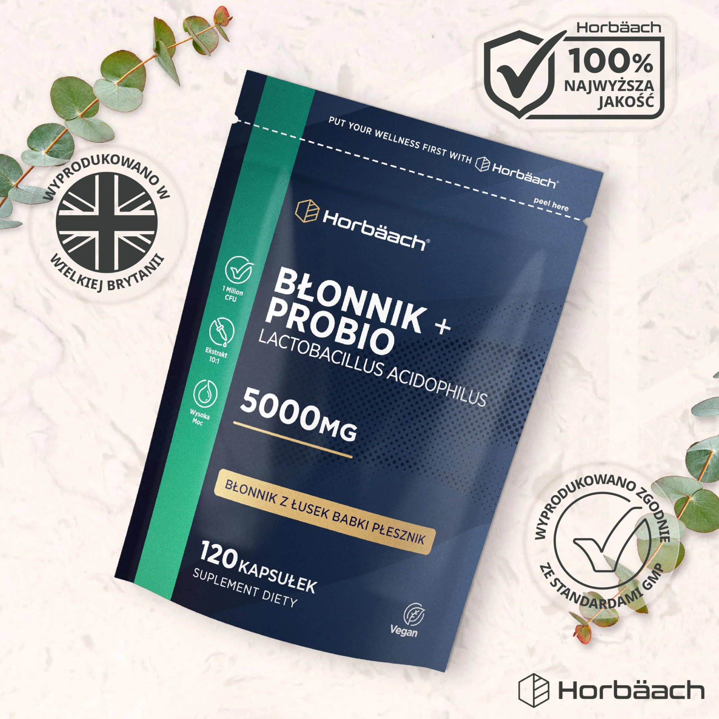 Błonnik z ProBio Kapsułki 5000mg | Wysokiej Mocy Z Łusek Babki Płesznik | Naturalny Suplement z Rozpuszczalnym Błonnikiem i Probio Lactobacillus Acidophilus | 120 Kapsułek Wegańskich | marki Horbaach