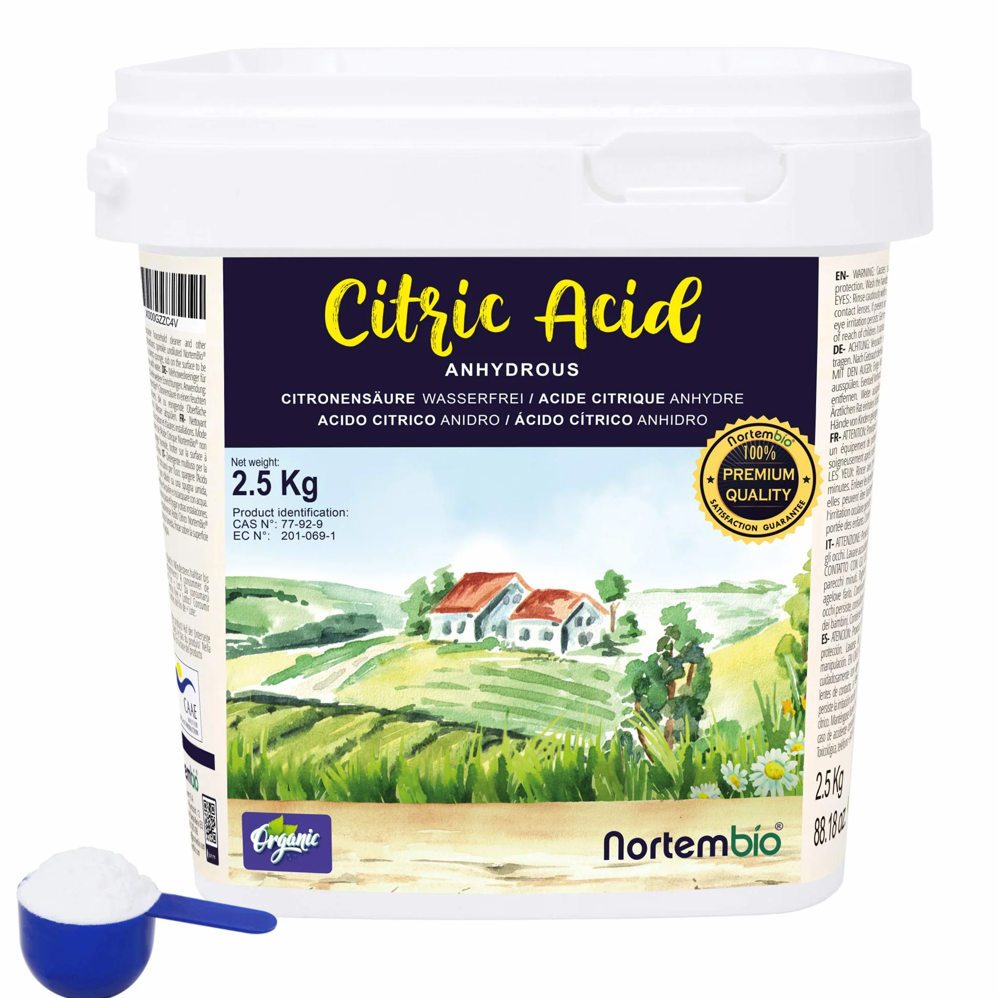 Nortembio Kwas Cytrynowy Ekologiczny 2,5 Kg. Bezwodny Proszek. 100% Czysty. Wielofunkcyjny. E-Book W Zestawie.