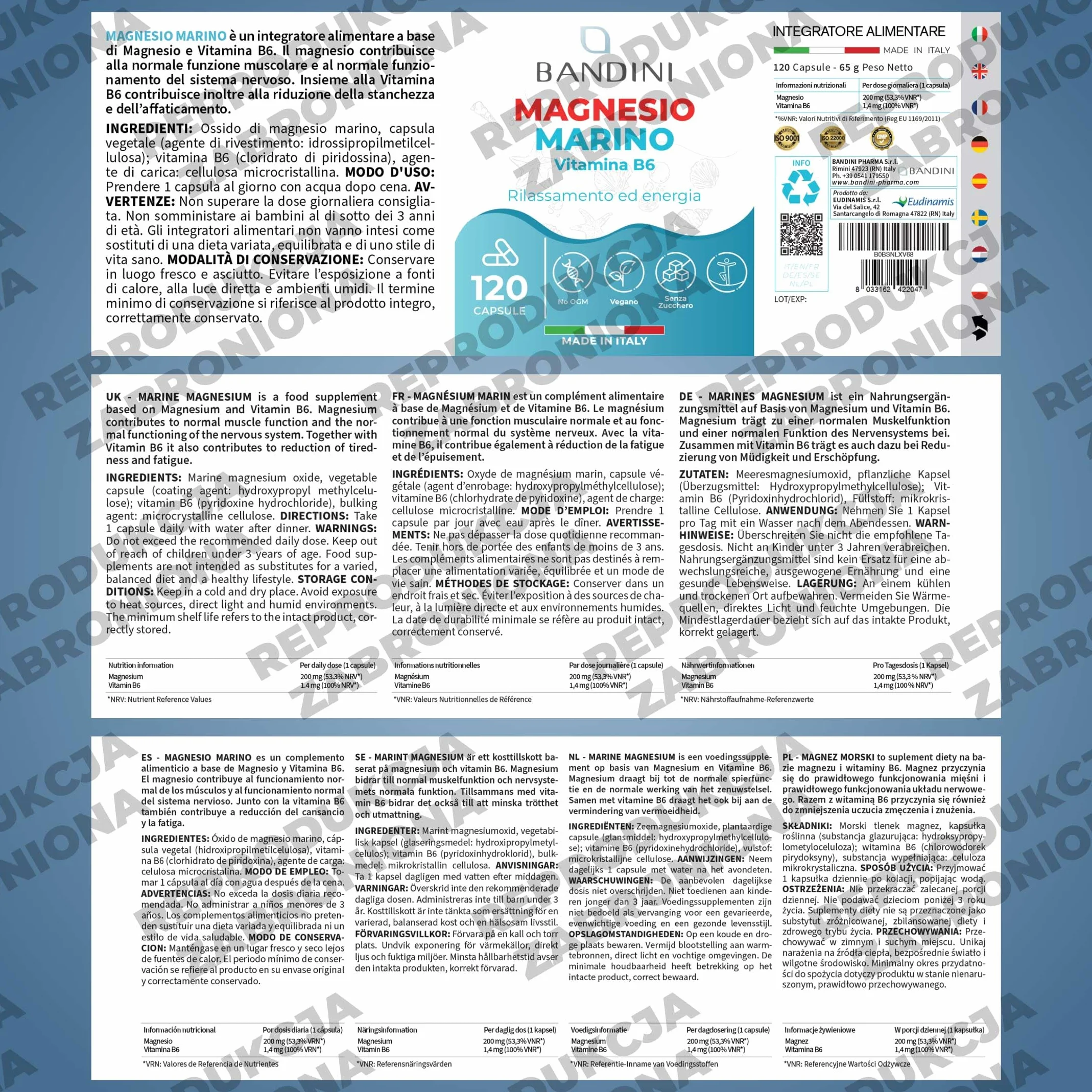Bandini® Marine Magnez i Witamina B6 - Skutecznie zwalcza zmęczenie, stres i ból - 120 kapsułek pochodzenia roślinnego (kuracja 4-miesięczna) - Poprawia sen, układ nerwowy i mięśniowy
