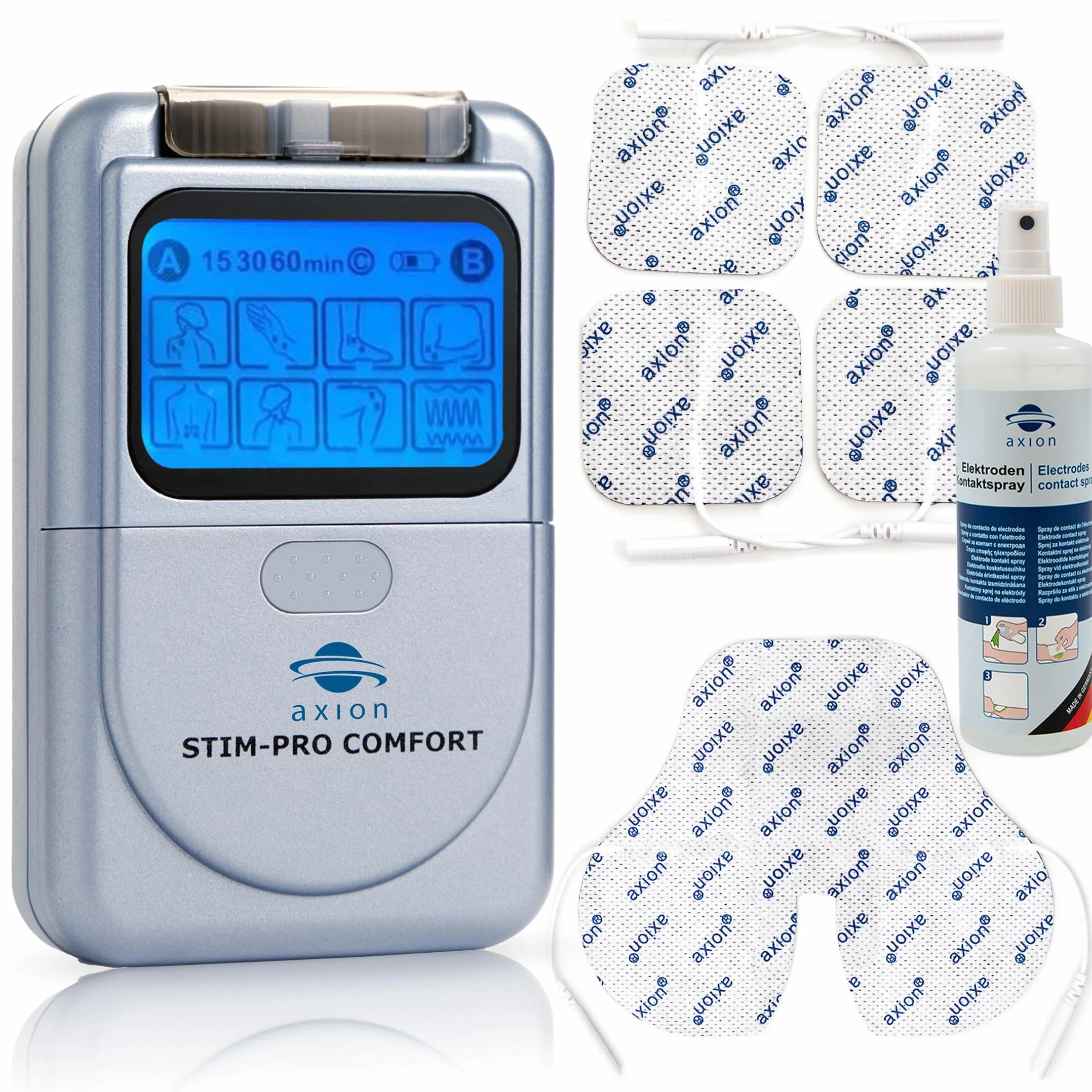 Axion TENS urządzenie STIM-Pro Comfort, oferta ze sprayem kontaktowym i specjalną elektrodą na szyję, 4 x elektrody 5 x 5 cm, terapia bólu szyi, pleców i stawów, certyfikowany wyrób medyczny