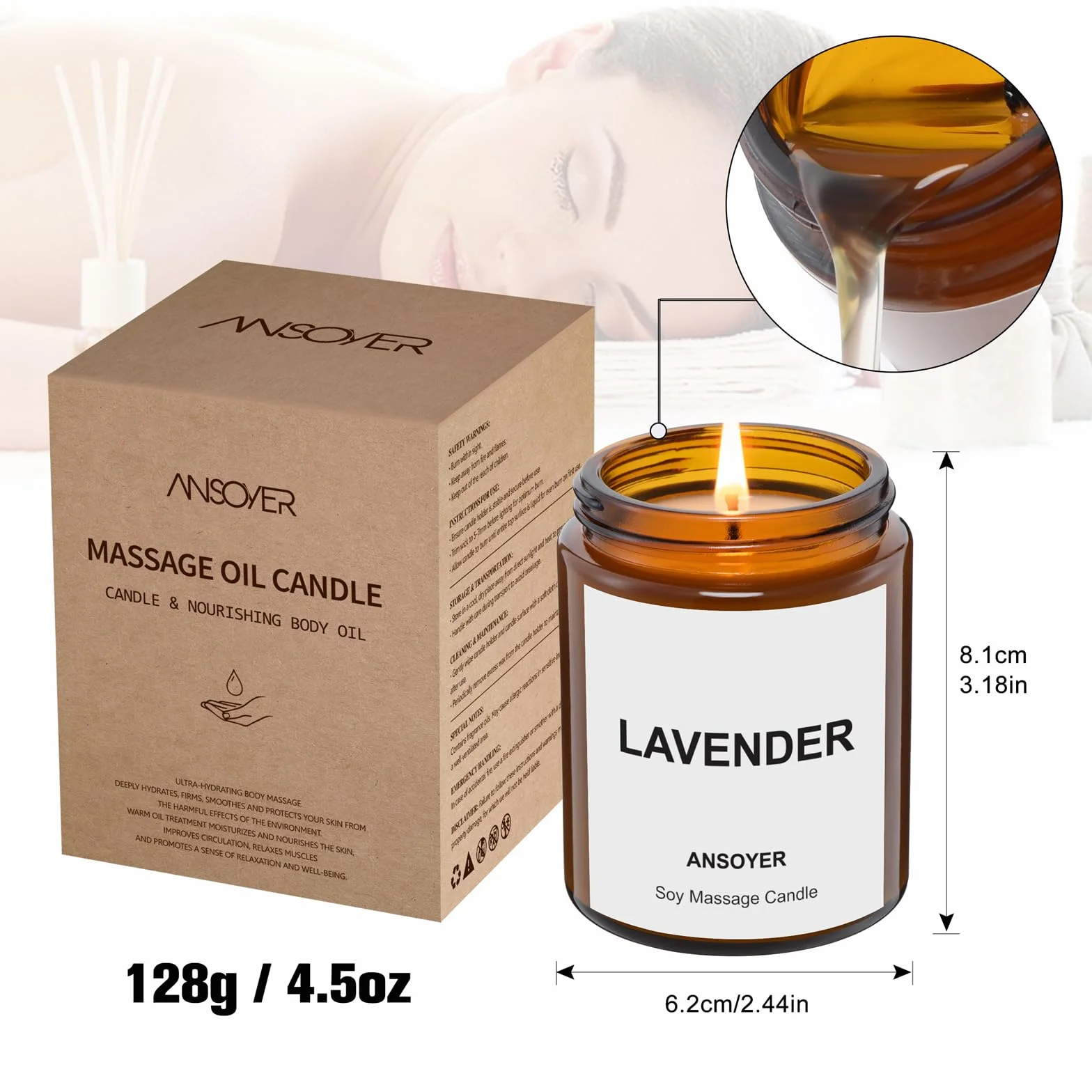 Świeca do masażu ANSOYER 128 g. Świeca relaksacyjna z naturalnymi składnikami: olejem kokosowym i olejem sojowym. Nawilżająca i odżywcza (Lawenda)