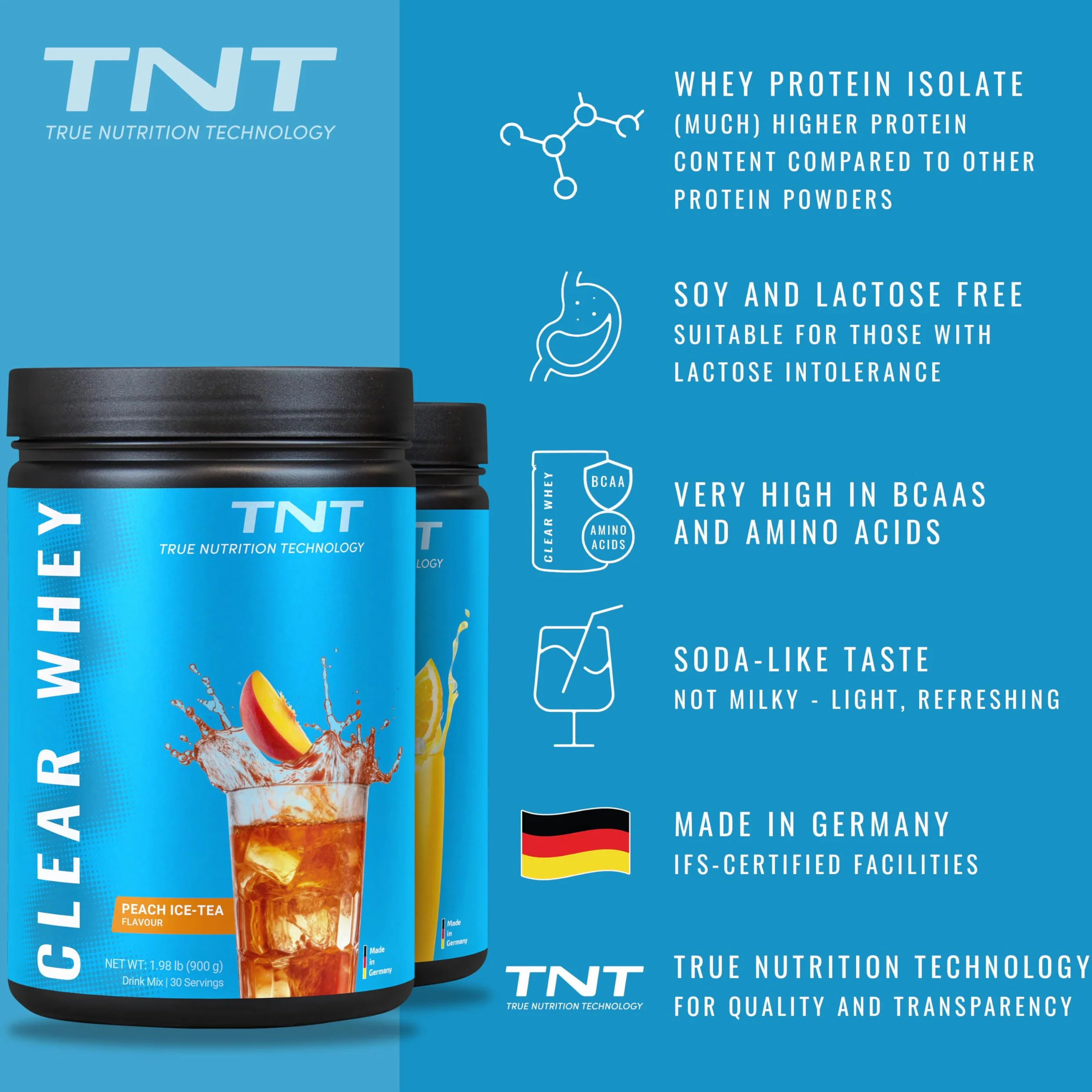 TNT Clear Whey "Peach Ice–Tea" (900 g) • Izolat serwatkowy w proszku o smaku brzoskwiniowej herbaty mrożonej • Mrożona herbata wysokoproteinowa z BCAA • Clear Whey jako shake proteinowy