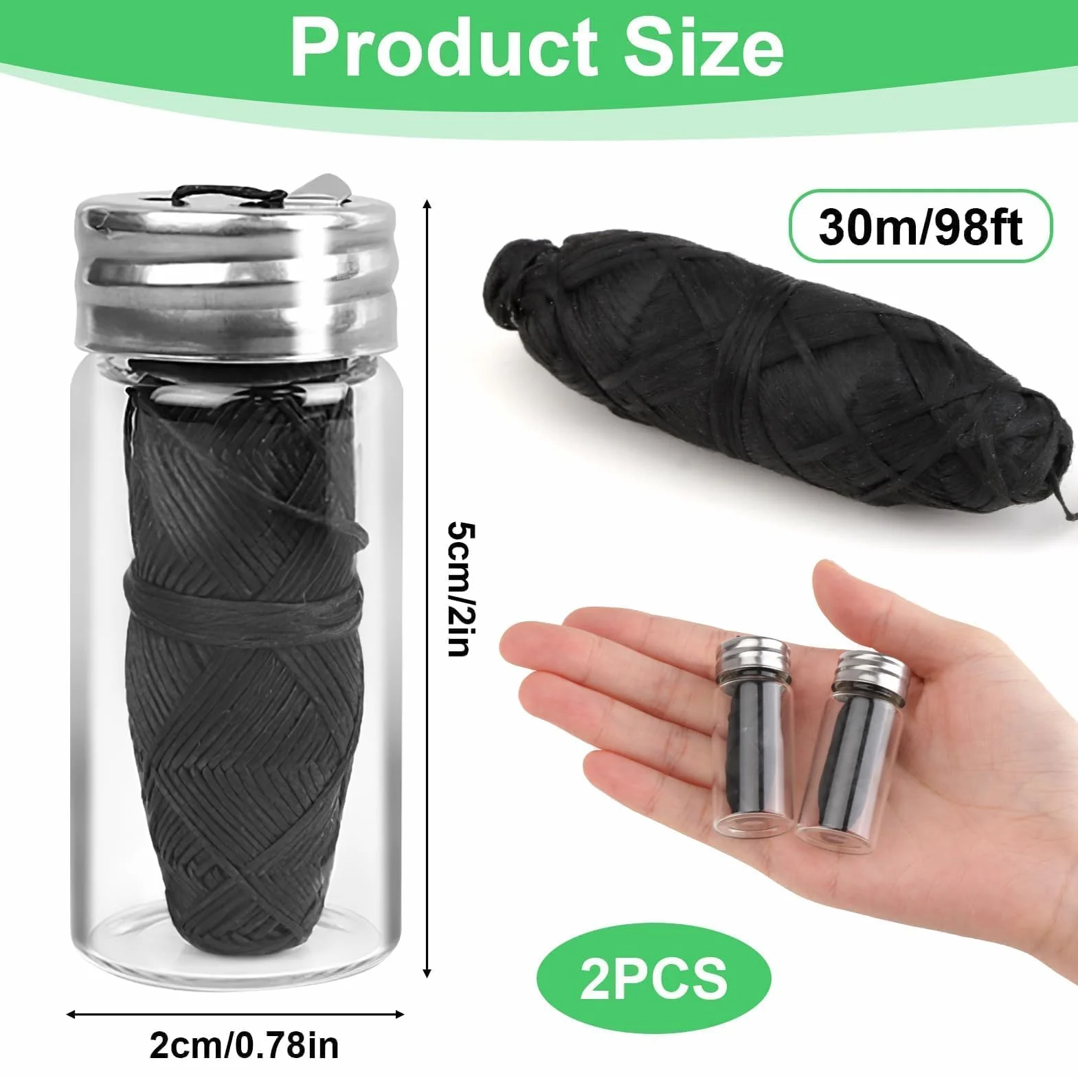 Black Zestaw 2 naturalnych nici dentystycznych 3 x 30 m do wielokrotnego użytku w nici dentystycznej w szklanej fiolce - środek do czyszczenia zębów nici dentystycznej w szklanej fiolce