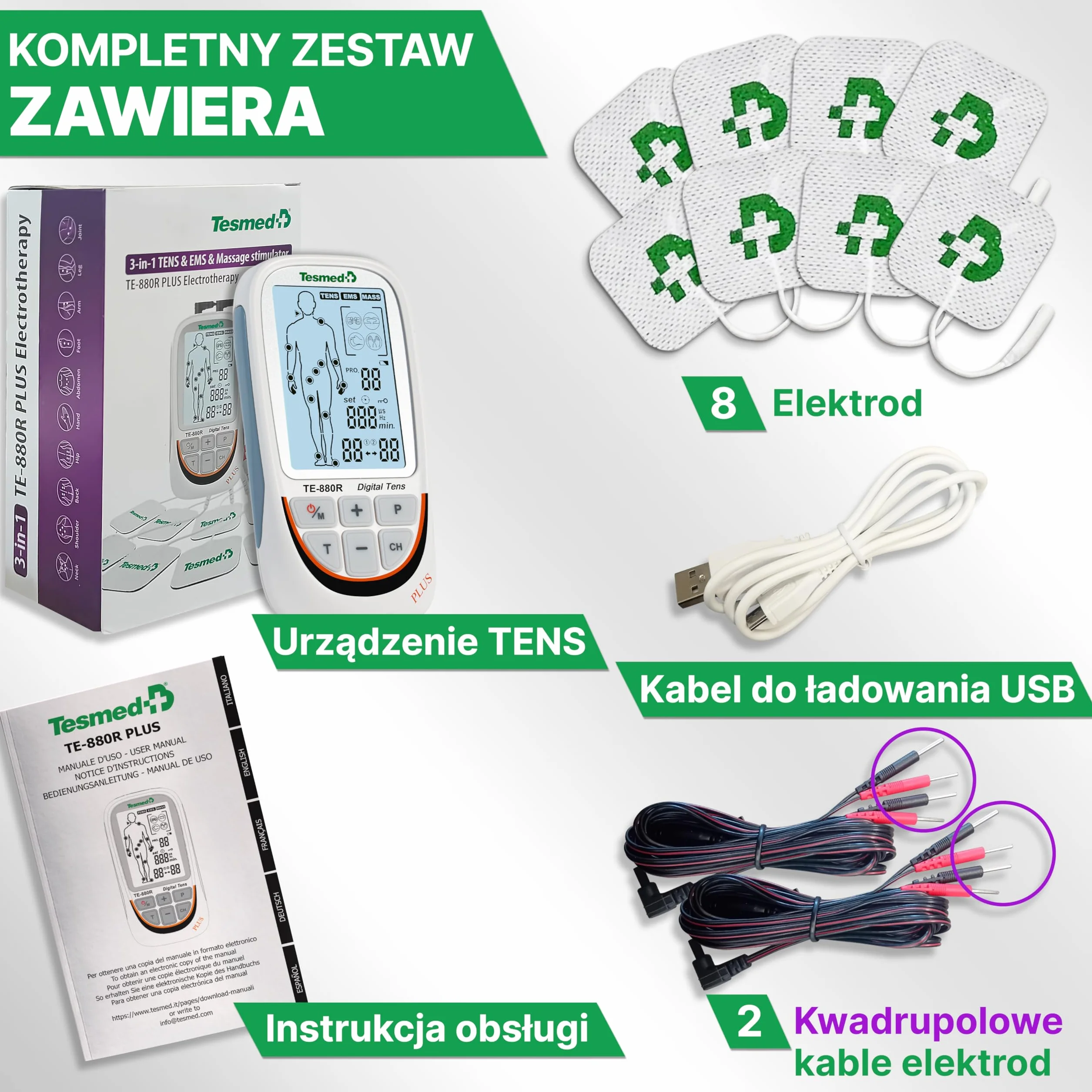 TESMED TE-880R Plus elektrostymulator mięśni do wielokrotnego ładowania, EMS, TENS, masaż: 73 programów Cui 2 konfigurowalne - działa z 8 elektrodami