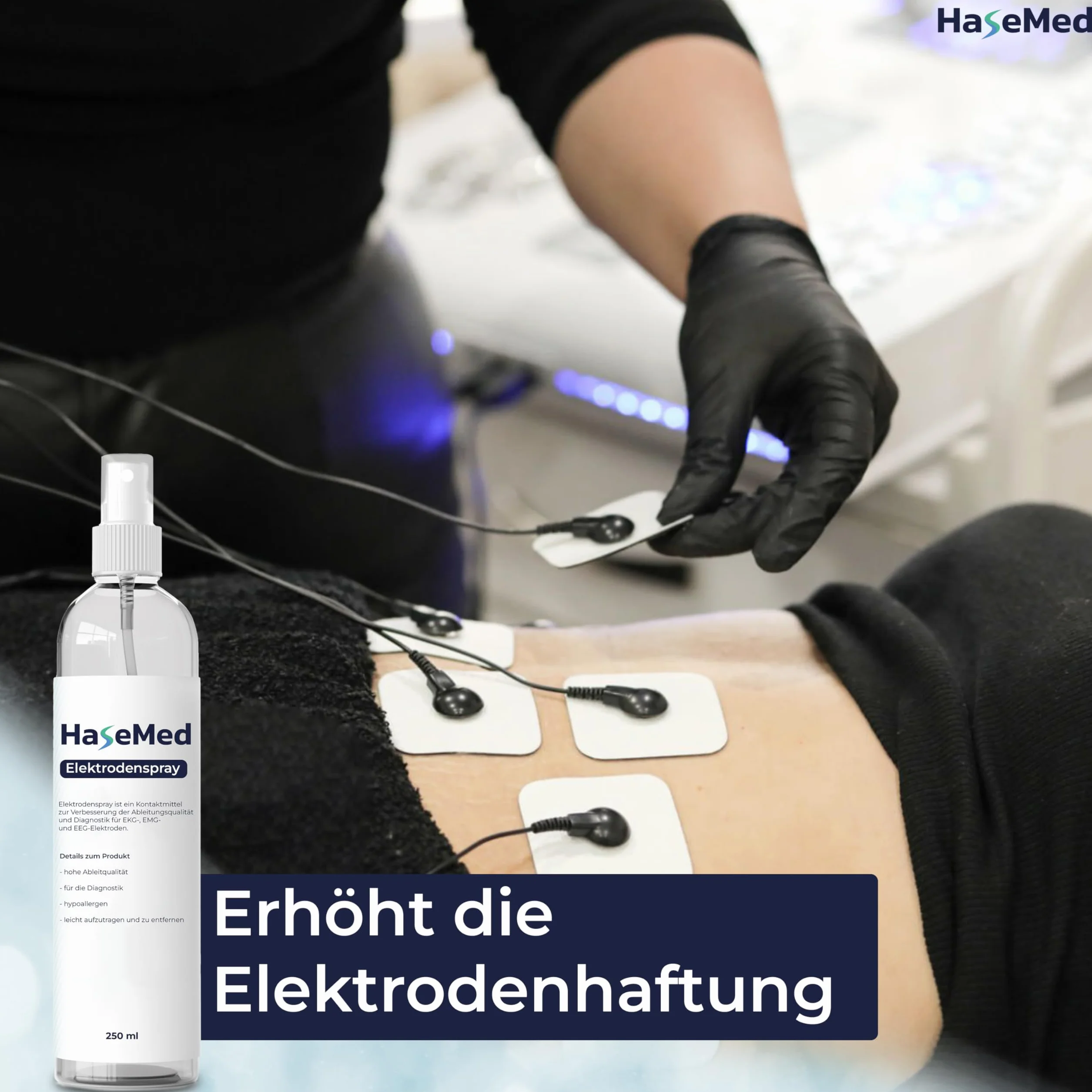 HaseMed spray elektrodowy 1 sztuka – środek kontaktowy do elektrod EKG, EMG i EEG – 250 ml – przyjazny dla skóry, nie pozostawia śladów i gotowy do użycia – zapewnia optymalną przewodność przy każdym