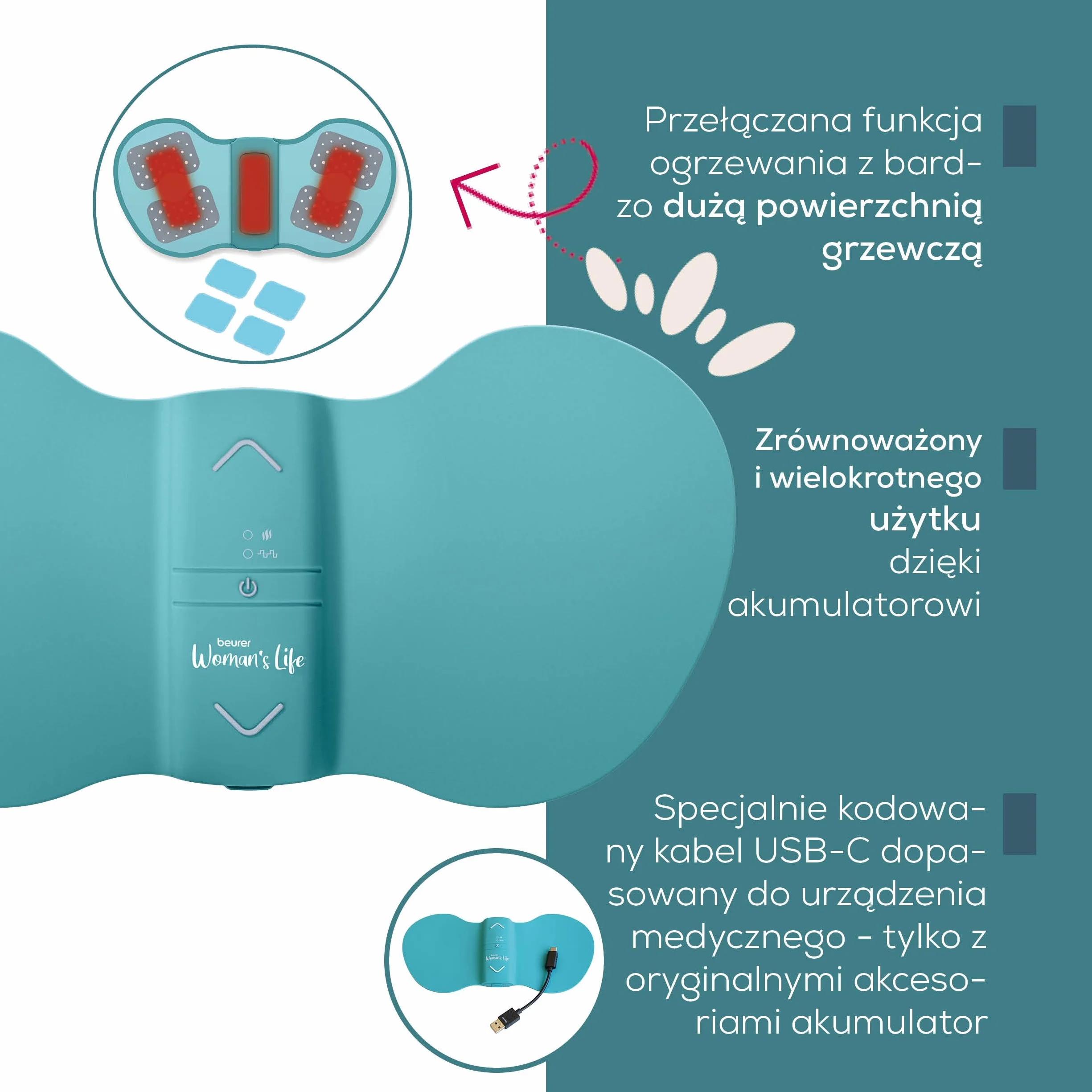 Beurer EM 55 Menstrual Relax+, przeciw bólowi menstruacyjnemu i bólowi spowodowanemu endometriozą, funkcja TENS i ciepła, z akumulatorem, większa powierzchnia grzewcza, turkusowy