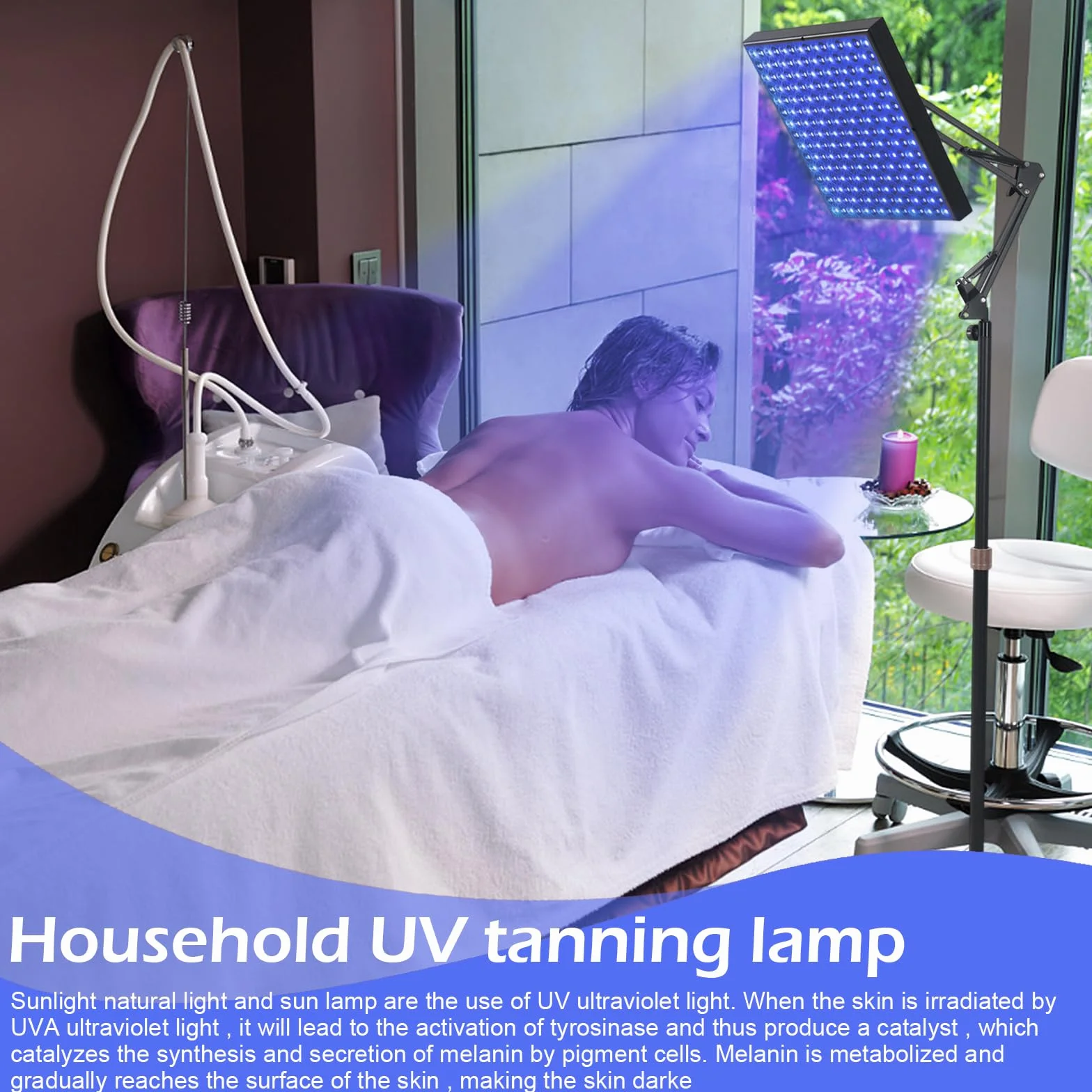 Solarium do domu, lampa do opalania, 460 NM, 45 W, pełne niebieskie światło, do użytku domowego, do twarzy i ciała, podwójny uchwyt, opalarka do twarzy, solarium z 225 diodami LED