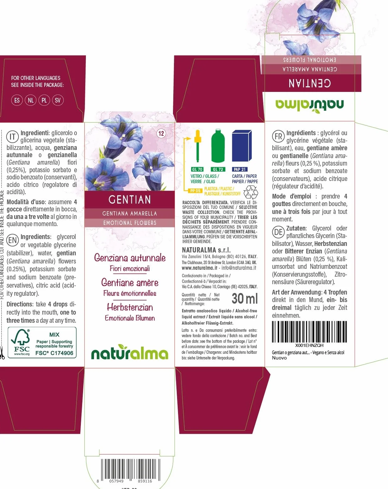 Naturalma Gentiana amarella Krople 30 ml Płynny ekstrakt bezalkoholowy Esencje kwiatowe Wegański