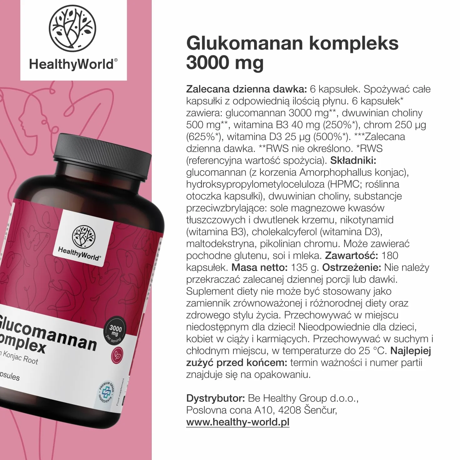 HealthyWorld Glukomanan kompleks 3000 mg 180 kapsułek Z Korzenia Konjac