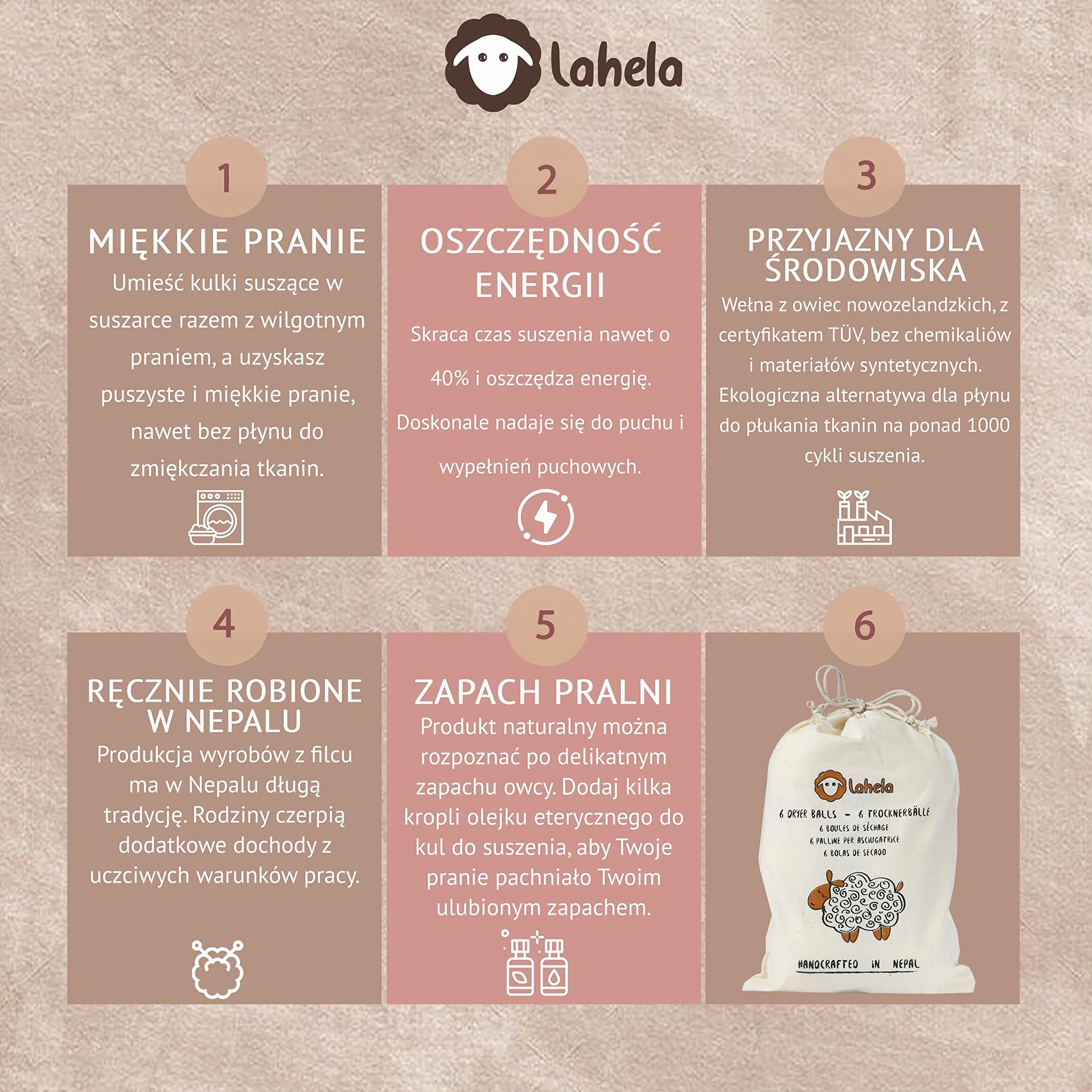 Kulki Do Suszarki - 6 Sztuk. Miękkie Pranie I Sszczędność Energii. Zamiennik Płynu Do Zmiękczania Tkanin. 100% Wełny Owczej Premium Bez Środków Chemicznych I Tworzywa Sztucznego. Wykonane Ręcznie W Nepalu Na Uczciwych Warunkach Pracy.