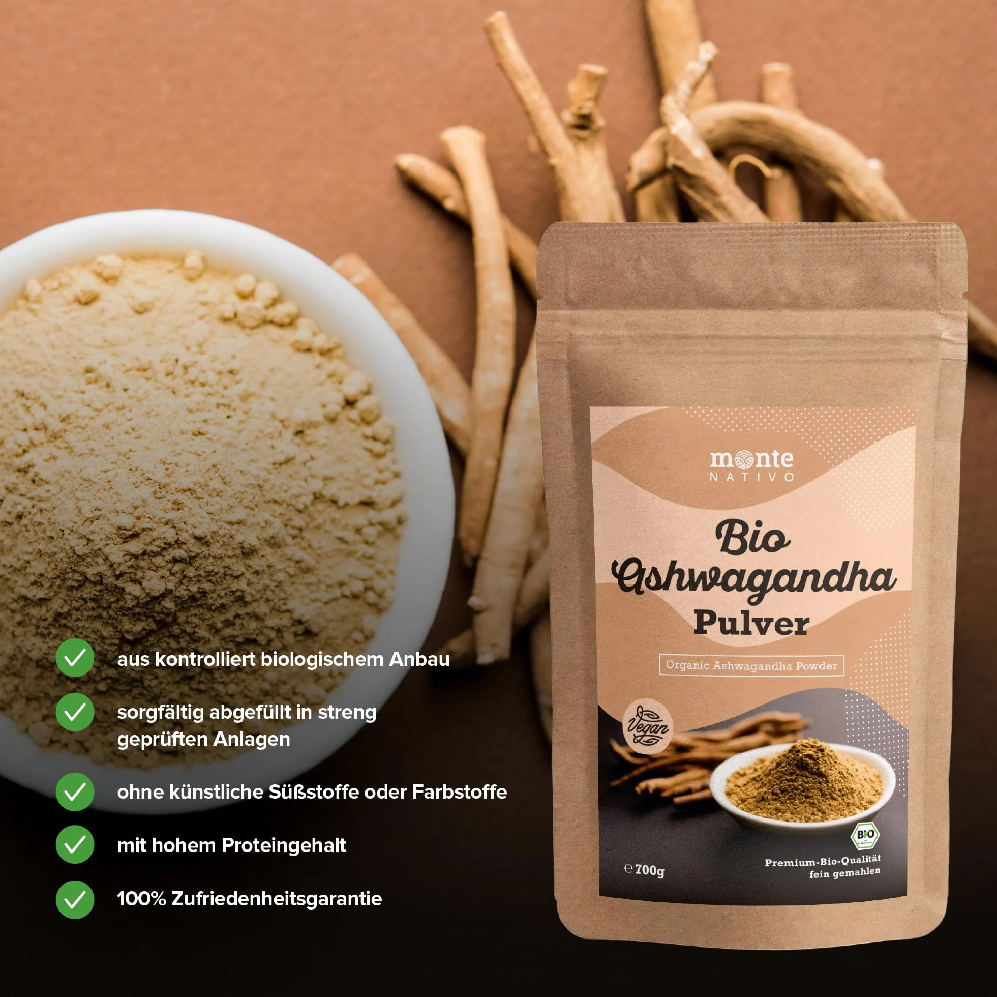 Monte Nativo Organiczny Proszek z Witani Ospałej 700g Żeń-szeń indyjski Zimowa wiśnia Withania Somnifera