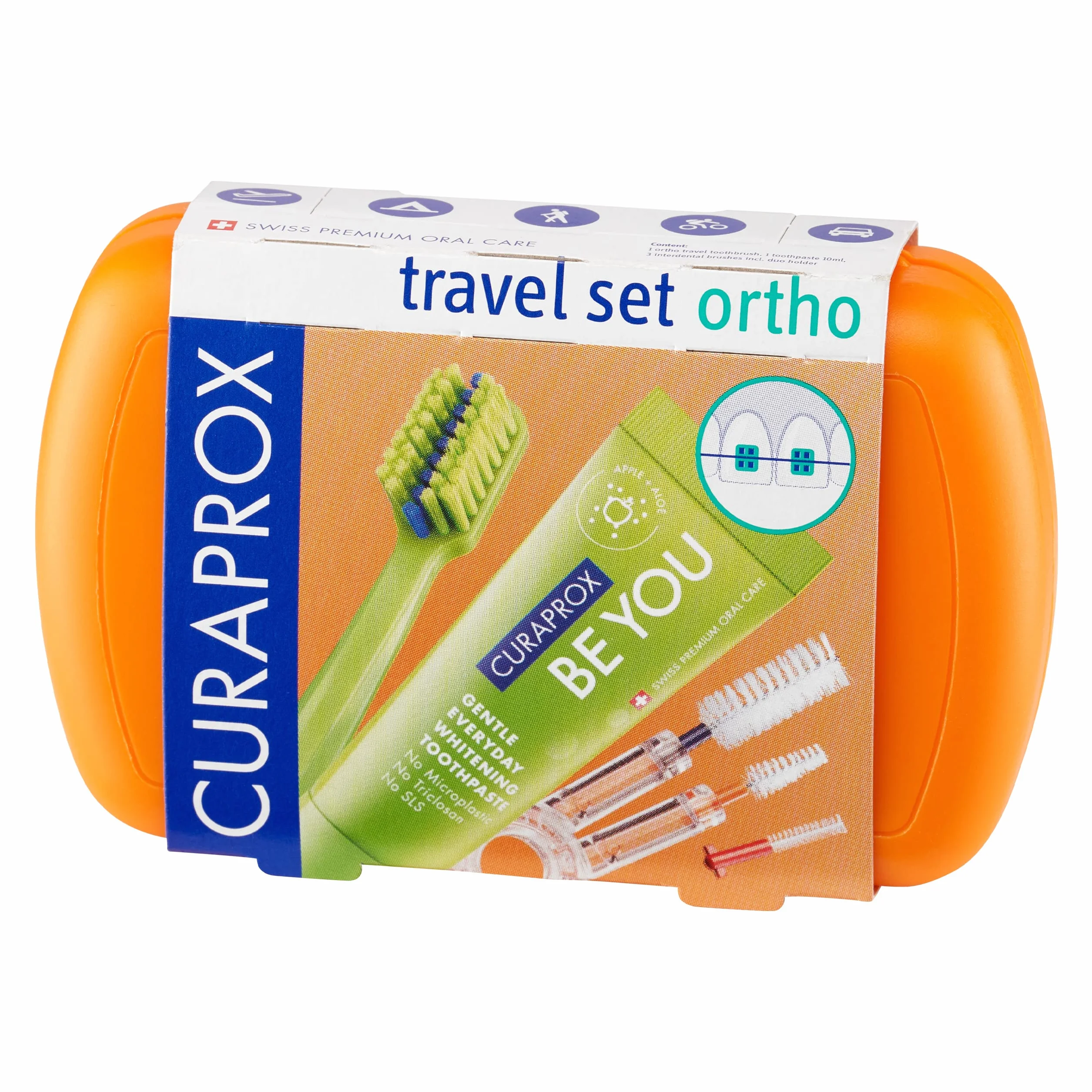 Curaprox Ortho Travel Set-Szelki i pielęgnacja jamy ustnej w podróży/Ultra miękka szczoteczka + wybielająca pasta do zębów/kompaktowy zestaw do higieny ortodontycznej/Made in Switzerland