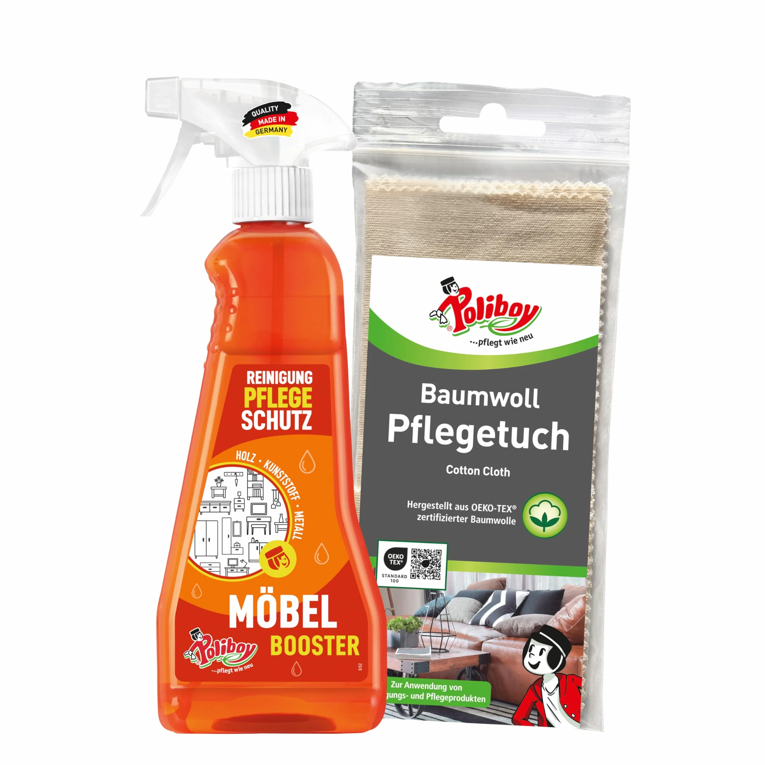 POLIBOY środek do czyszczenia mebli – środek czyszczący do mebli – usuwa brud i odświeża – 1 x 375 ml – z bawełnianą ściereczką – Made in Germany