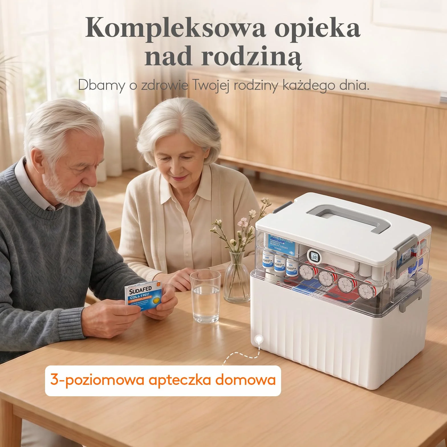 Lifewit Przenośna Apteczka, Pojemnik na Leki z Uchwytem na Butelki o Wysokości do 18 cm, Organizer na Leki do Domu, Biura, Szkoły, 3 Poziomy
