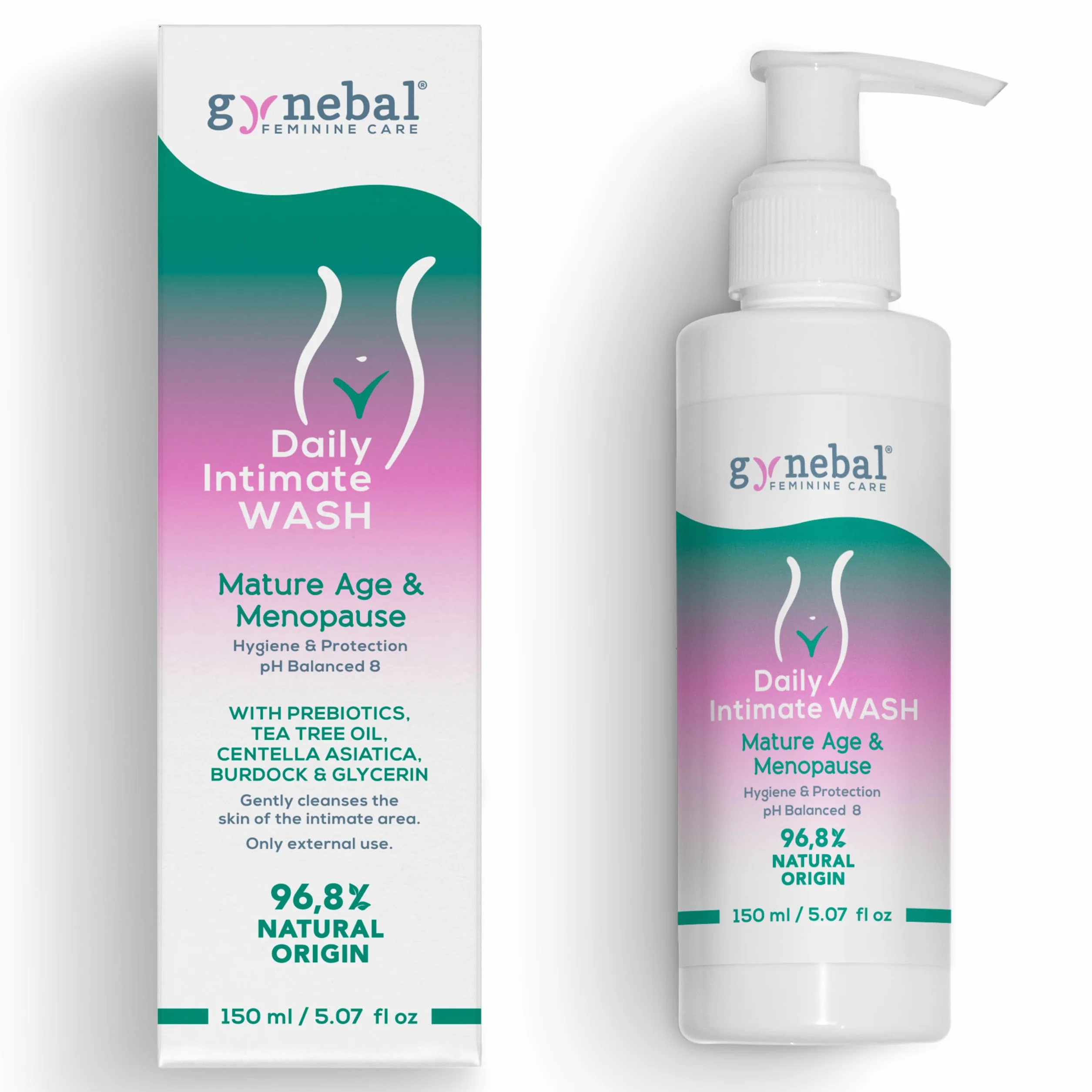 GYNEBAL Mydło intymne dla kobiet w okresie menopauzy PH8 Tea Tree + Prebiotyk + Centella Asiatica + Gliceryna + Łopian - Żel do higieny intymnej zapobiegający wysuszeniu pochwy - 150 ml