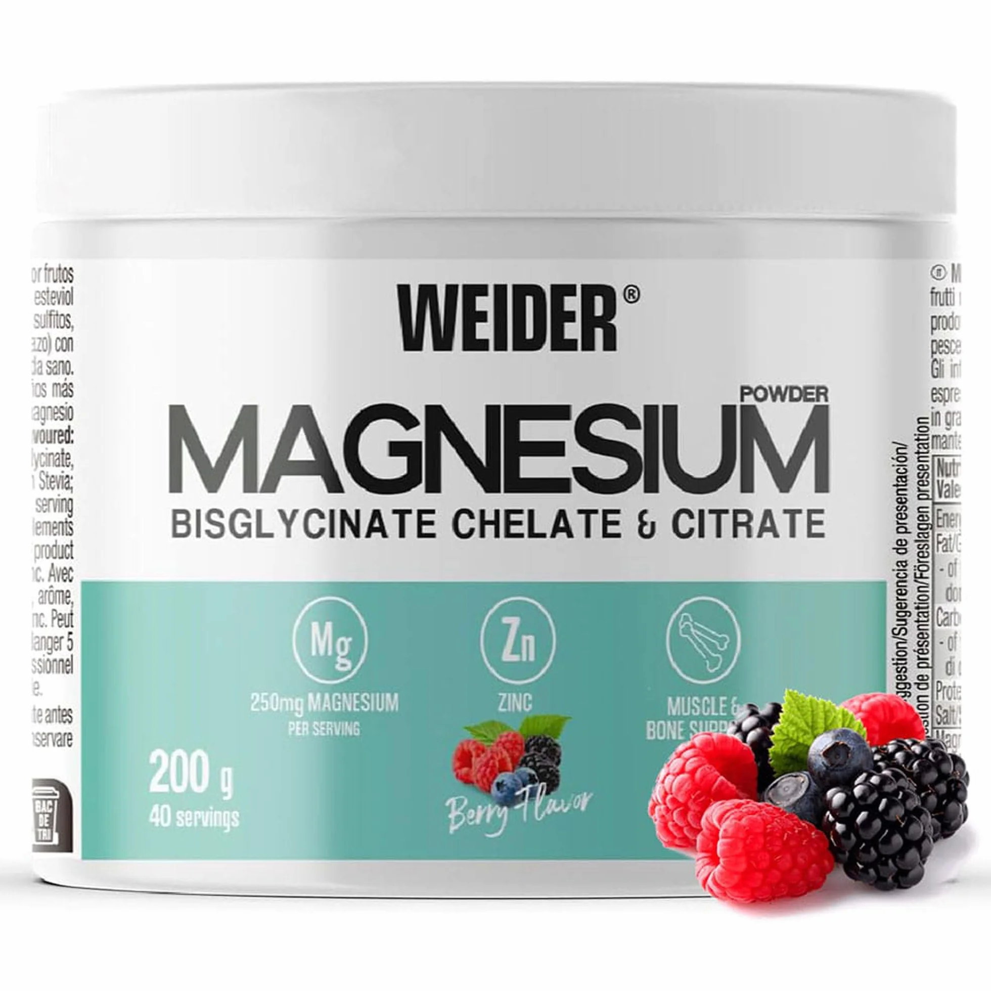 Weider Magnesium Powder (200 g), Smak Czerwone Owoce, 250 mg na Porcję, Magnez w Proszku (Bisglicynian i Cytrynian) z Cynkiem, Wspiera Mięśnie i Kości, Redukuje Zmęczenie, Bez Dodatku Cukru, Wegański