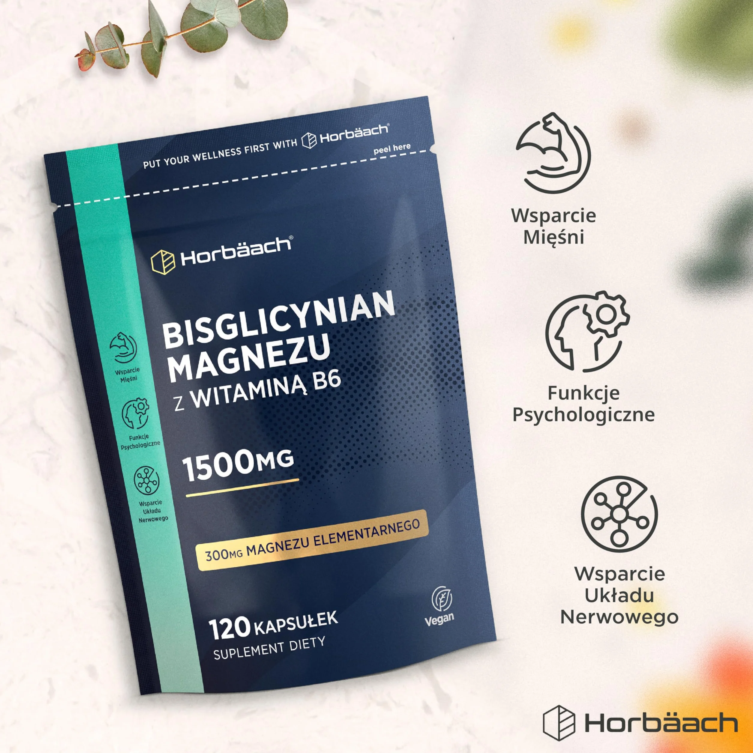 Glicynian Magnezu 1500 mg + Witamina B6 | Bisglicynian Dostarczający 300 mg Czystego Magnezu Elementarnego | 120 Kapsułek | 100% Wegańskie | marki Horbaach