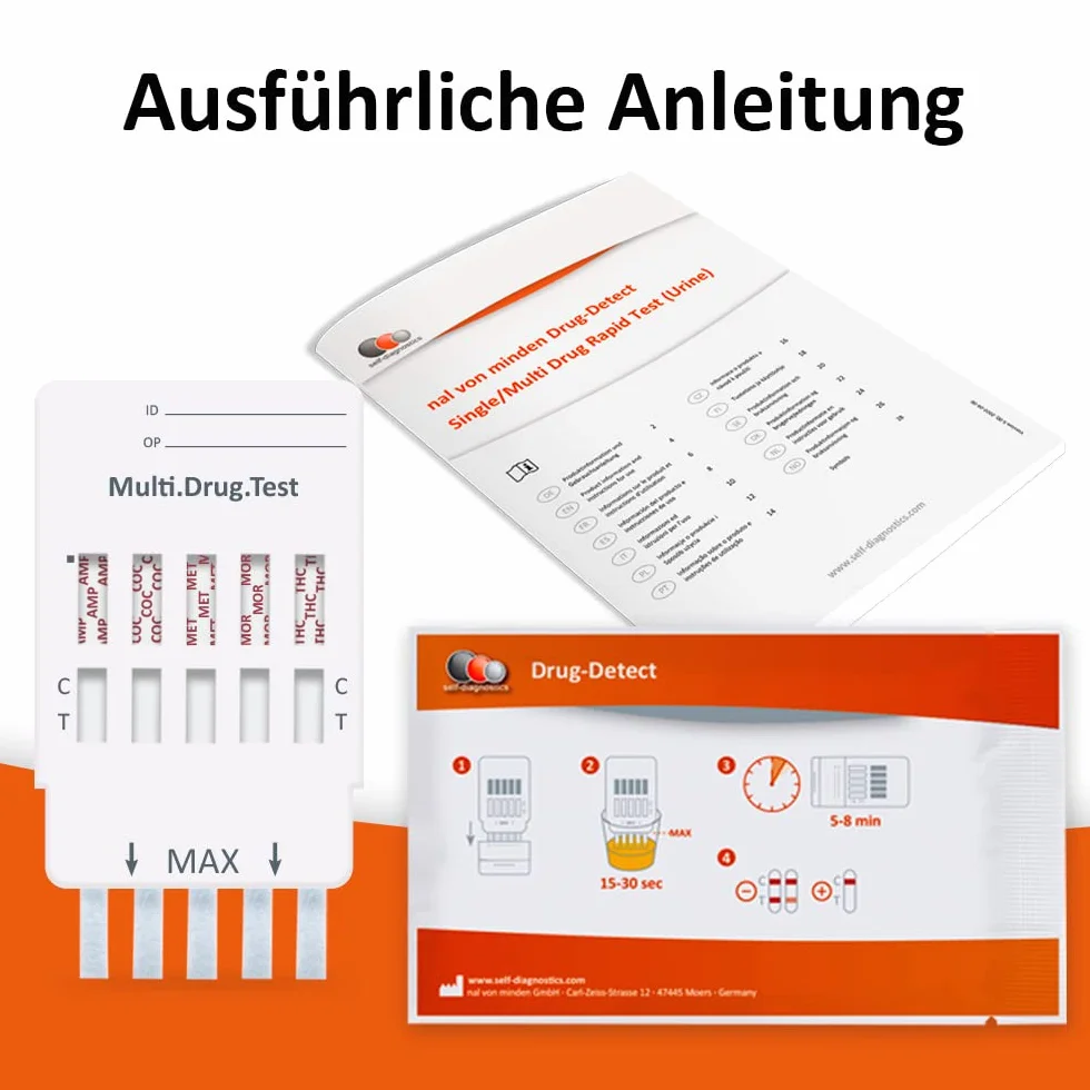 self-diagnostics Multi 5 Szybki Test Narkotykowy – Wykrywanie 5 Rodzajów Narkotyków: Kokaina, Konopie (THC), Amfetamina, Opiaty/Morfina i Metamfetamina – 5-minutowy Domowy Test Moczowy