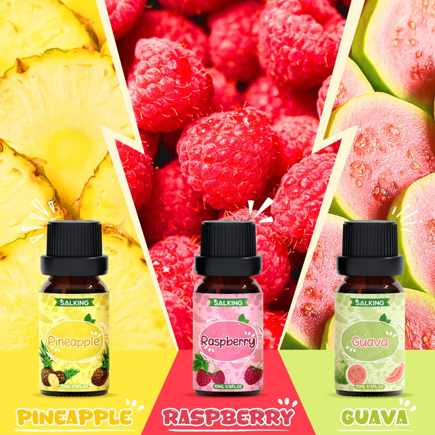 SALKING Zestaw olejków eterycznych z owoców, 6 x 10 ml, 100% aromaterapii, zestaw prezentowy do dyfuzora, nawilżacza powietrza, masażu, wiśni, ananasa, malin, słodkiej pomarańczy, guawy, zielonego