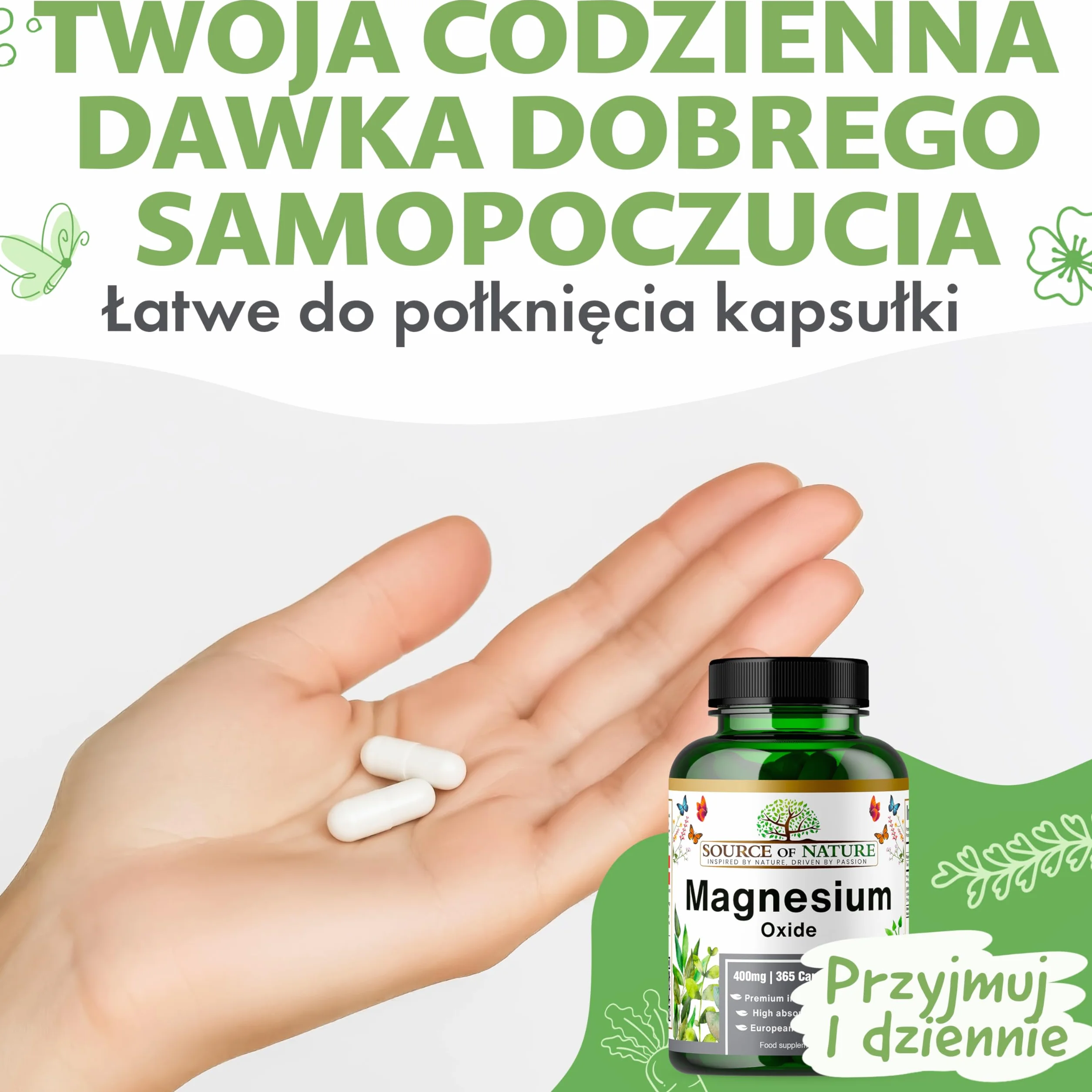 Tlenek Magnezu 665 mg | 400 mg Magnezu Elementarnego | 365 Kapsułek Wegańskich | Wysoka Dawka | Roczny Zapas | Source of Nature