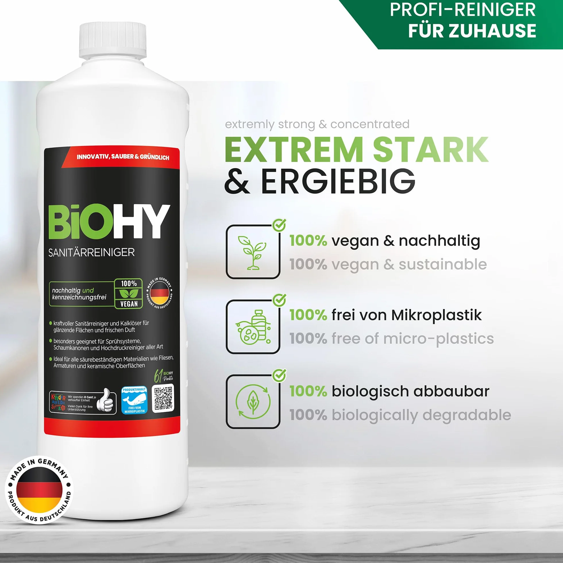 BiOHY Środek do czyszczenia sanitariatów (butelka 1l) | Koncentrat przeciw osadzaniu się kamienia w instalacjach sanitarnych środek do czyszczenia łazienki (Sanitärreiniger)